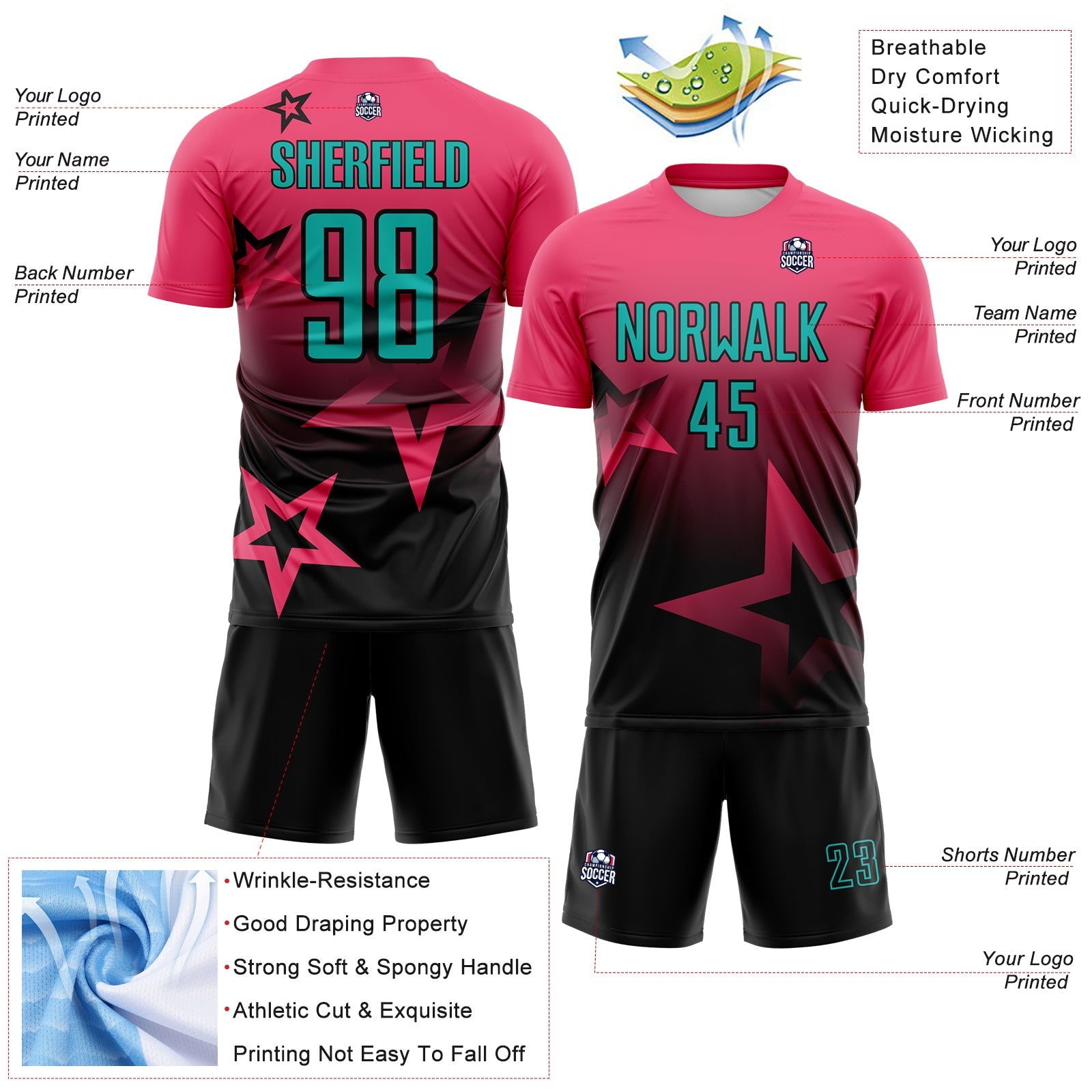 Custom Neon Pink Aqua-Black Gradient Style Twinkle Star Sublimation Soccer Uniform Jersey view 4