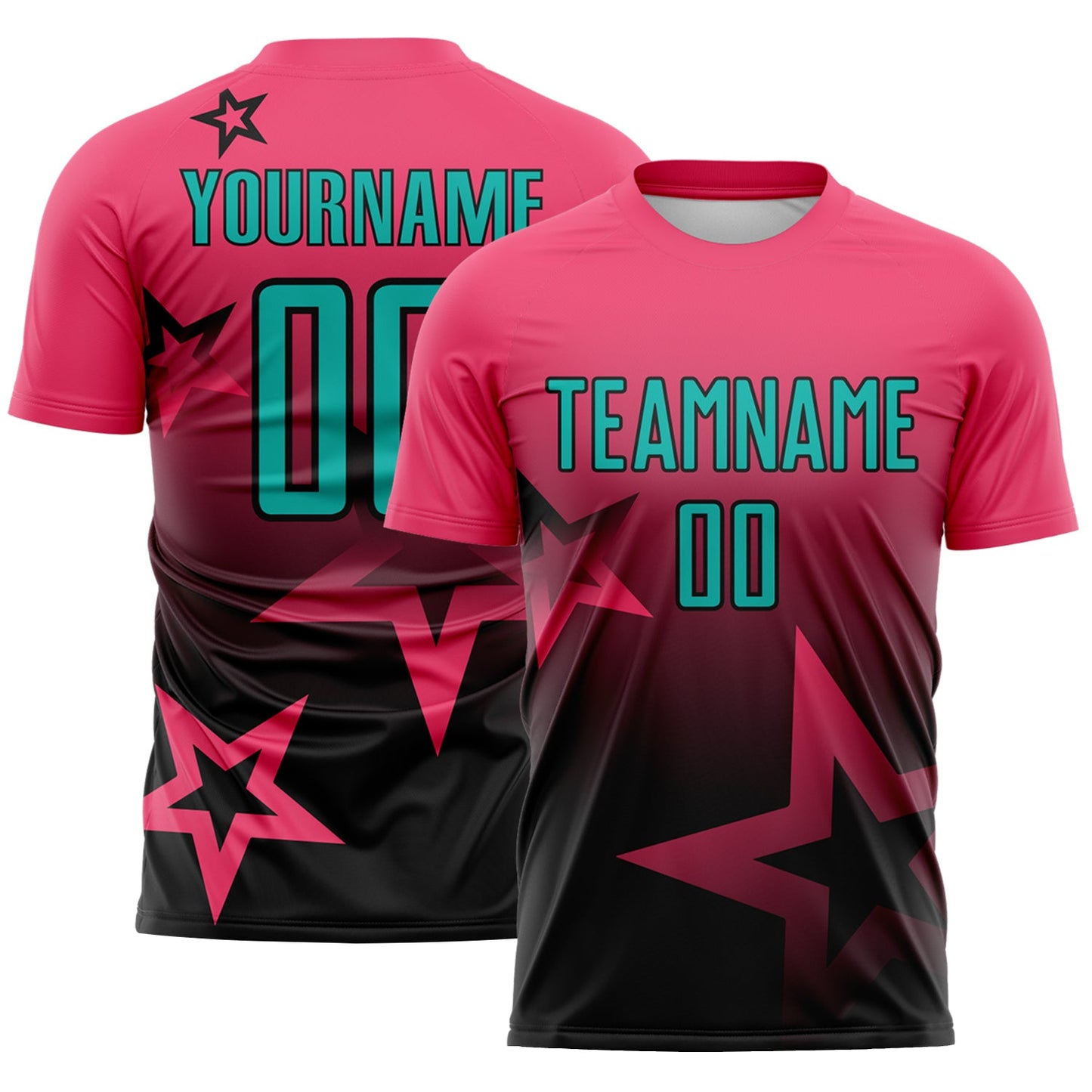 Custom Neon Pink Aqua-Black Gradient Style Twinkle Star Sublimation Soccer Uniform Jersey - Main View