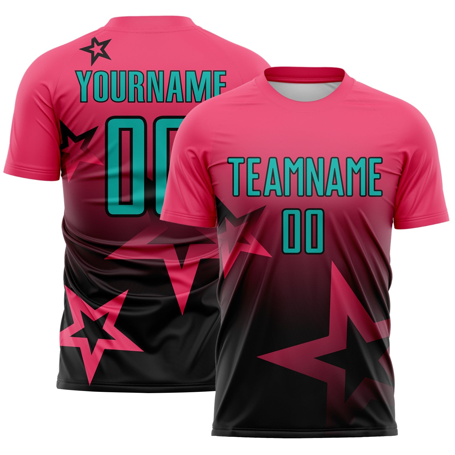 Custom Neon Pink Aqua-Black Gradient Style Twinkle Star Sublimation Soccer Uniform Jersey - Main View