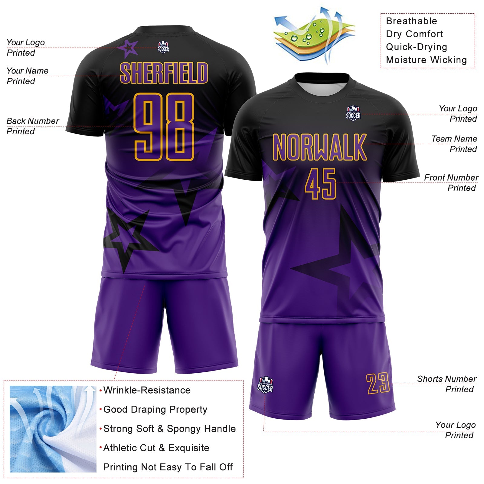 Custom Black Purple-Gold Gradient Style Twinkle Star Sublimation Soccer Uniform Jersey view 4