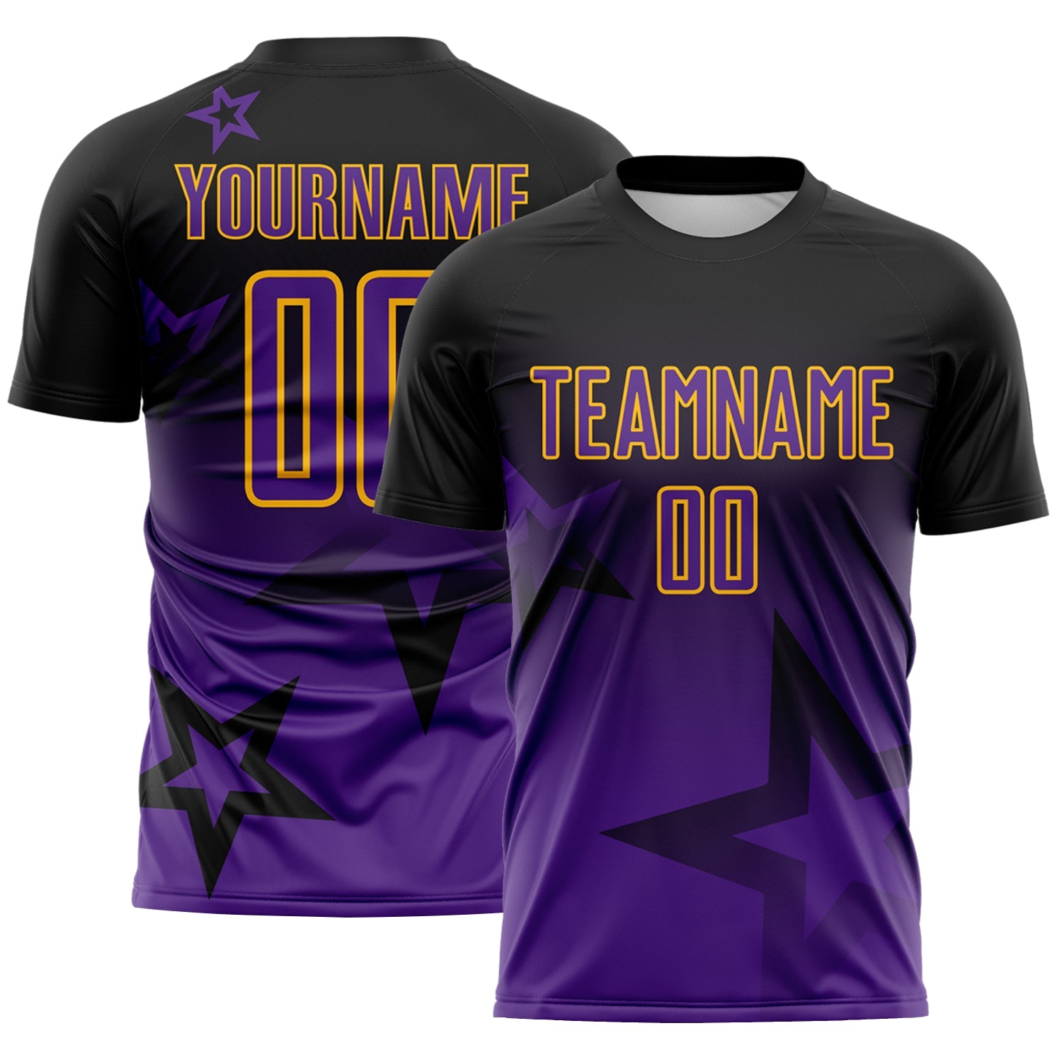 Custom Black Purple-Gold Gradient Style Twinkle Star Sublimation Soccer Uniform Jersey - Main View