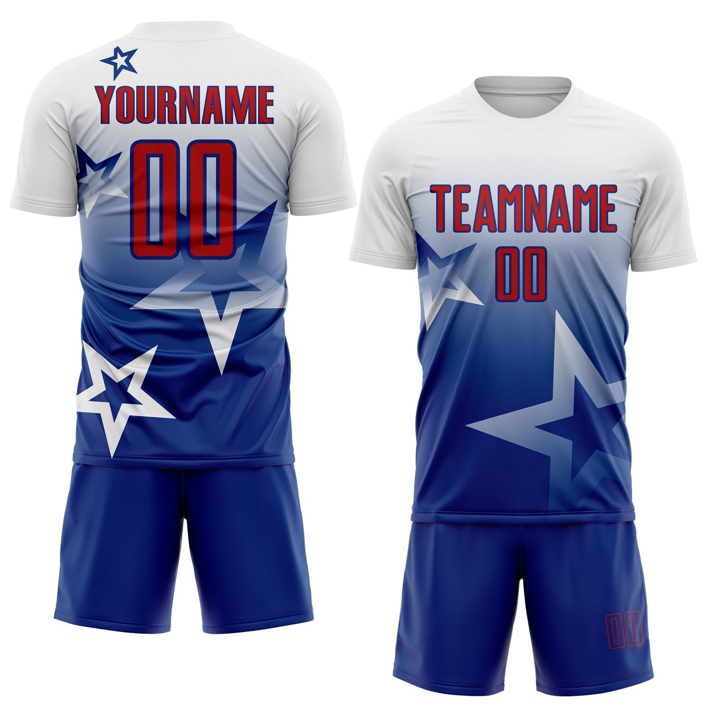 Custom White Red-Royal Gradient Style Twinkle Star Sublimation Soccer Uniform Jersey view 2