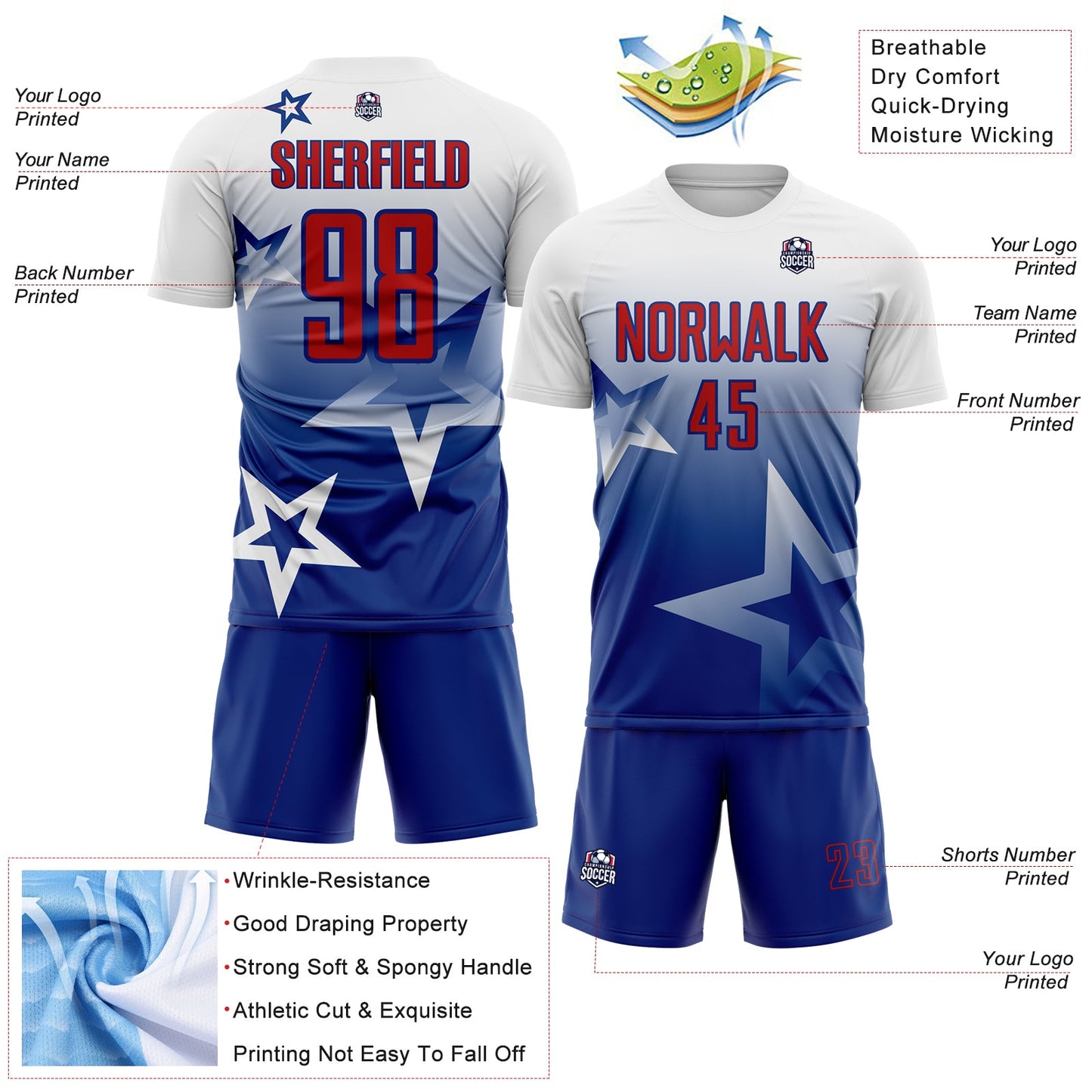Custom White Red-Royal Gradient Style Twinkle Star Sublimation Soccer Uniform Jersey view 4