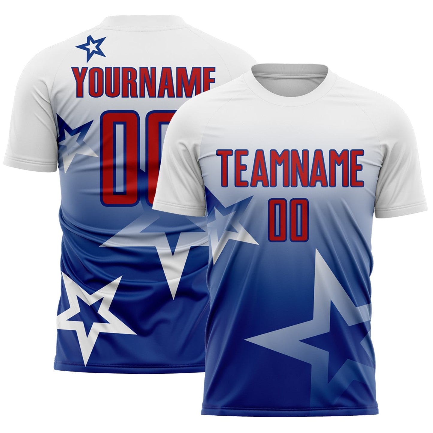 Custom White Red-Royal Gradient Style Twinkle Star Sublimation Soccer Uniform Jersey - Main View