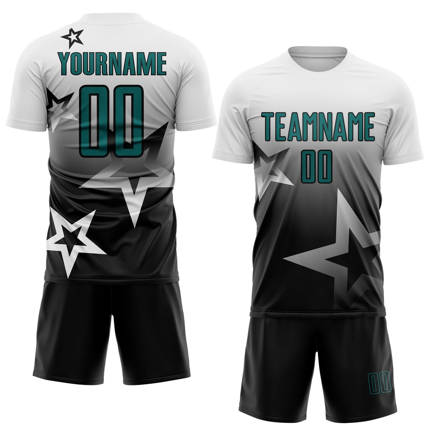 Custom White Teal-Black Gradient Style Twinkle Star Sublimation Soccer Uniform Jersey view 2