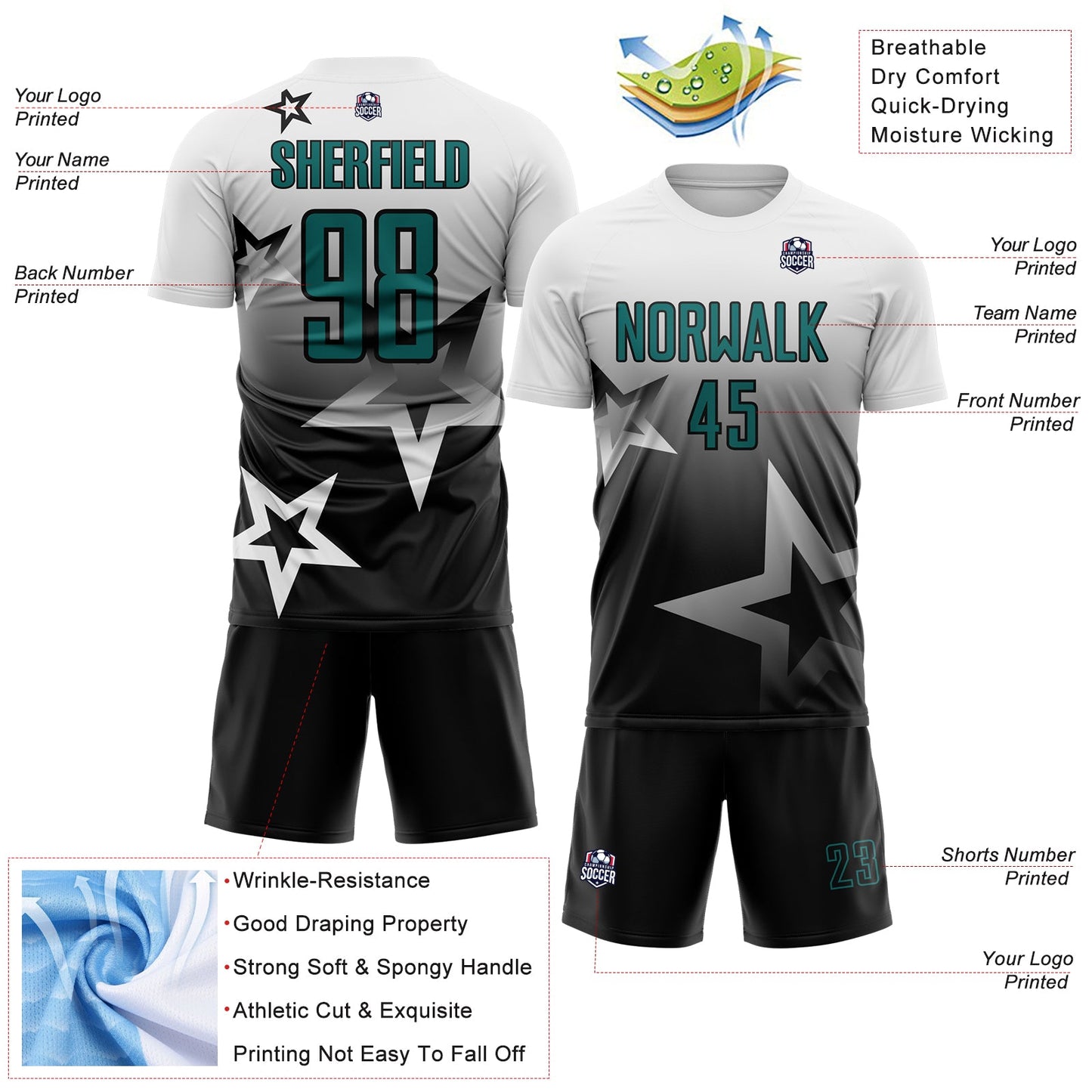Custom White Teal-Black Gradient Style Twinkle Star Sublimation Soccer Uniform Jersey view 4