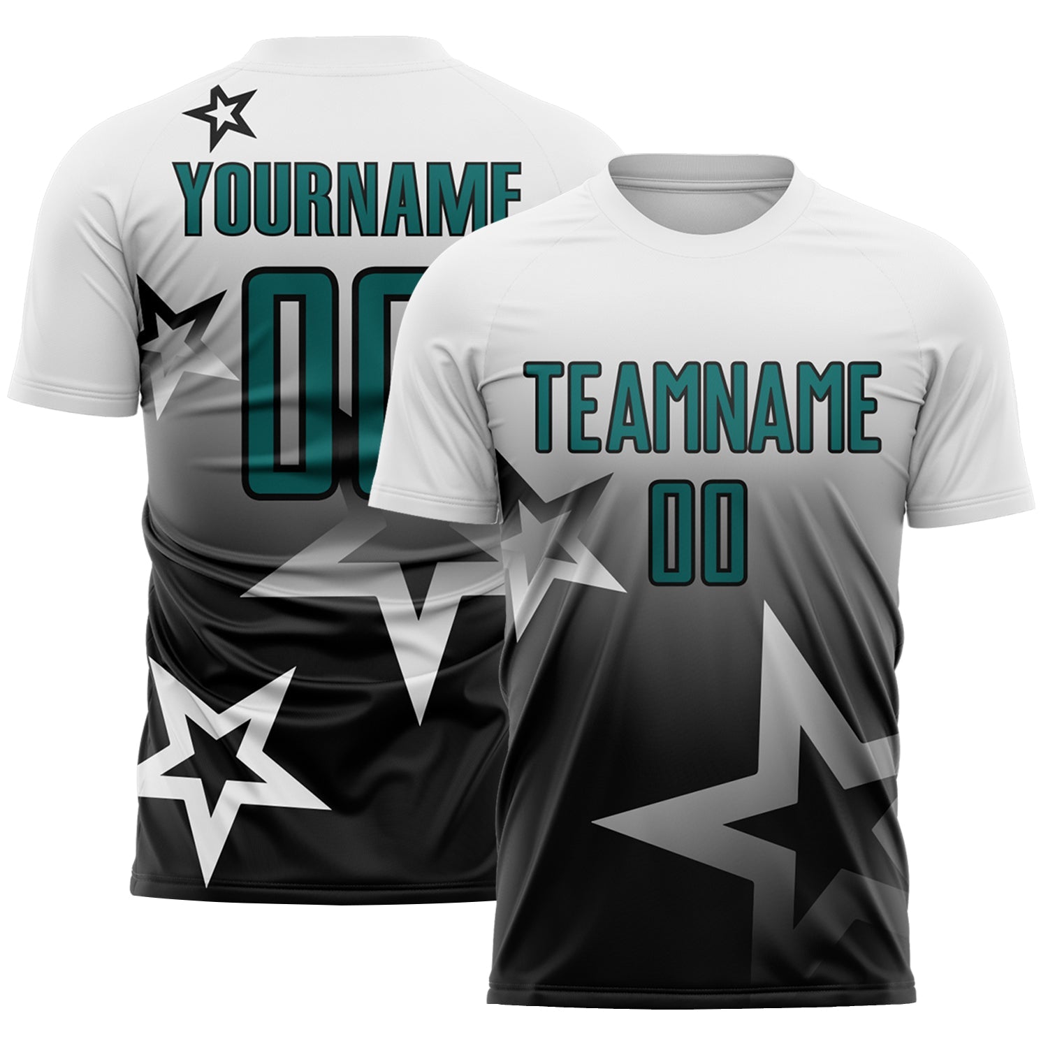 Custom White Teal-Black Gradient Style Twinkle Star Sublimation Soccer Uniform Jersey - Main View