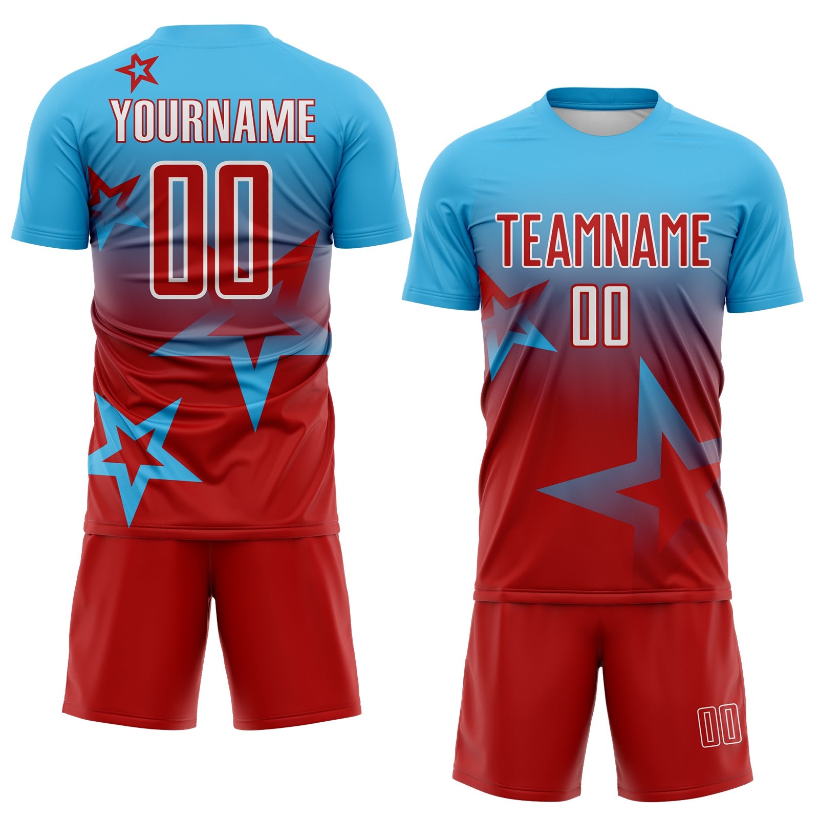 Custom Sky Blue Red-White Gradient Style Twinkle Star Sublimation Soccer Uniform Jersey view 2