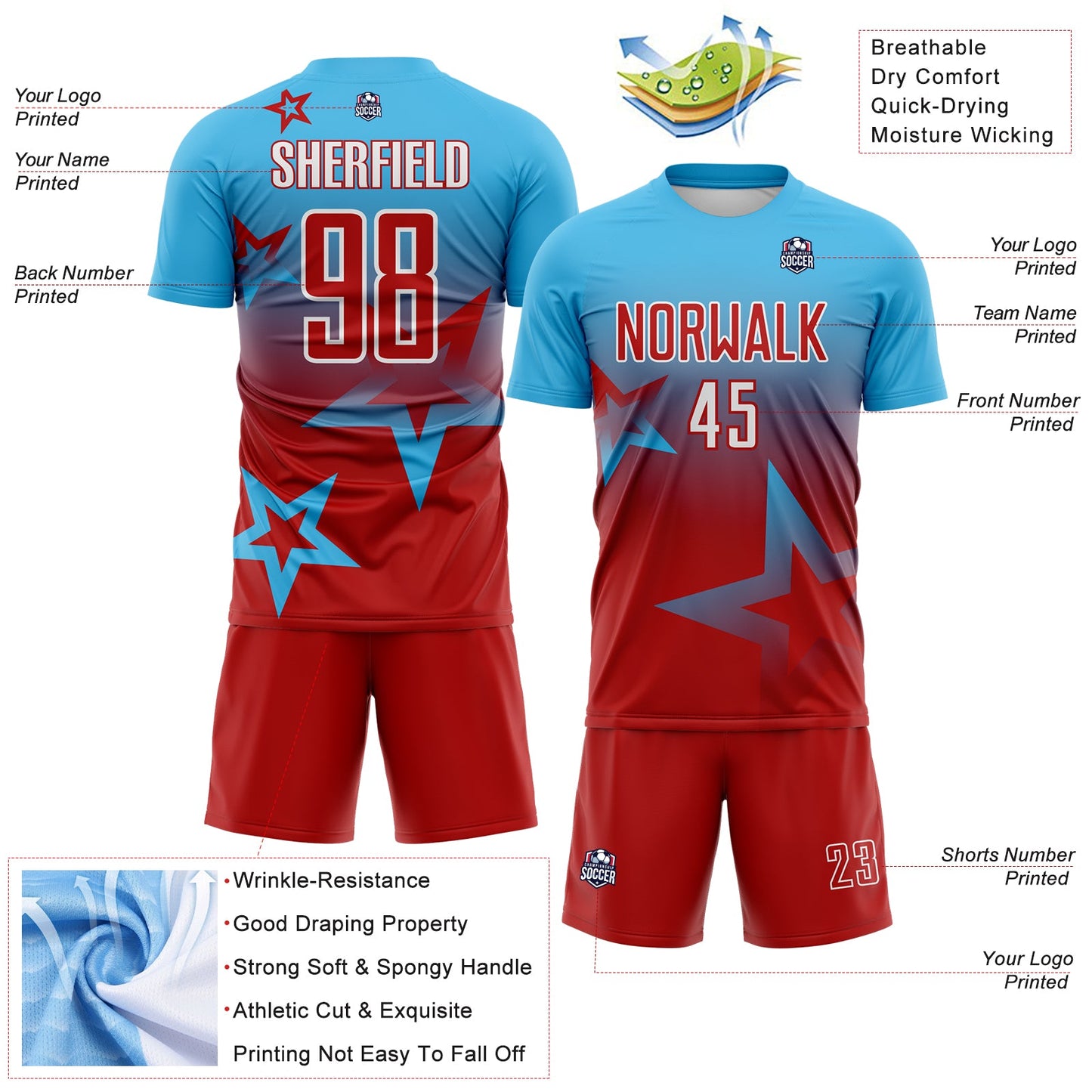 Custom Sky Blue Red-White Gradient Style Twinkle Star Sublimation Soccer Uniform Jersey view 4