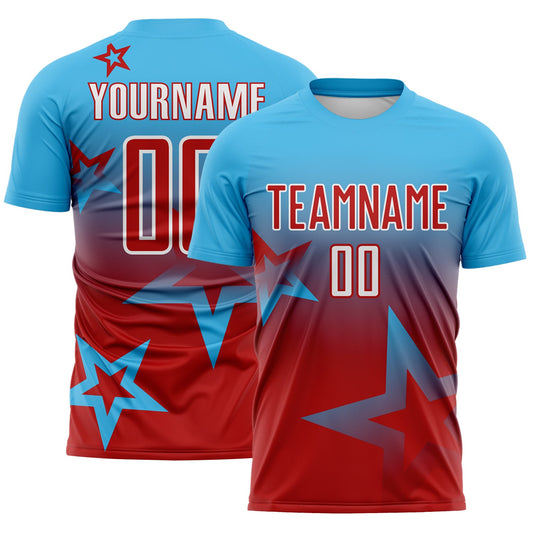 Custom Sky Blue Red-White Gradient Style Twinkle Star Sublimation Soccer Uniform Jersey - Main View