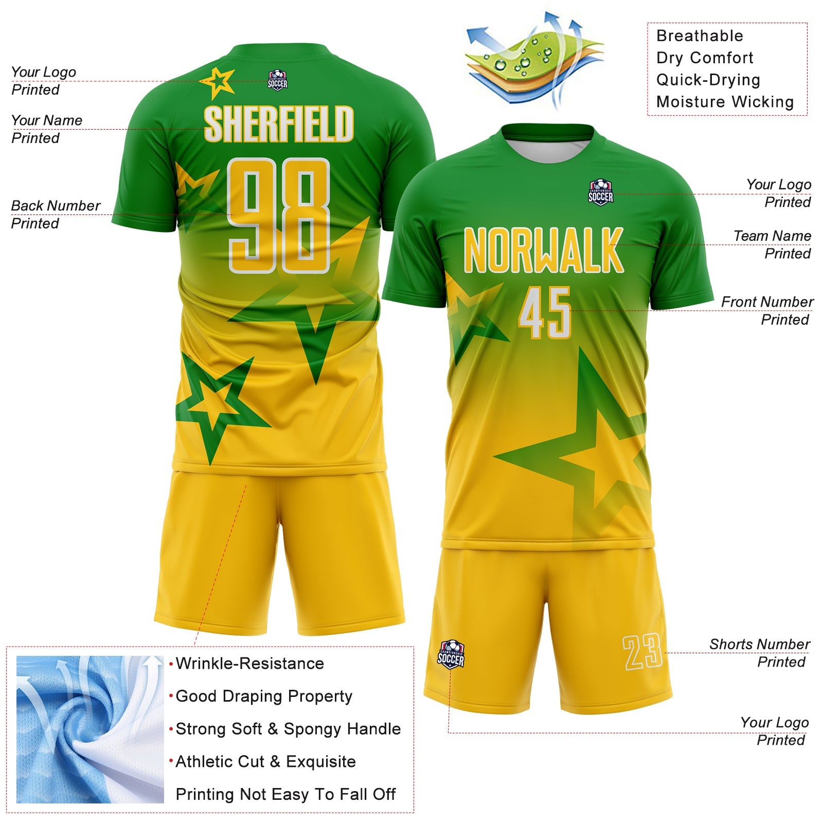 Custom Grass Green Yellow-White Gradient Style Twinkle Star Sublimation Soccer Uniform Jersey view 4