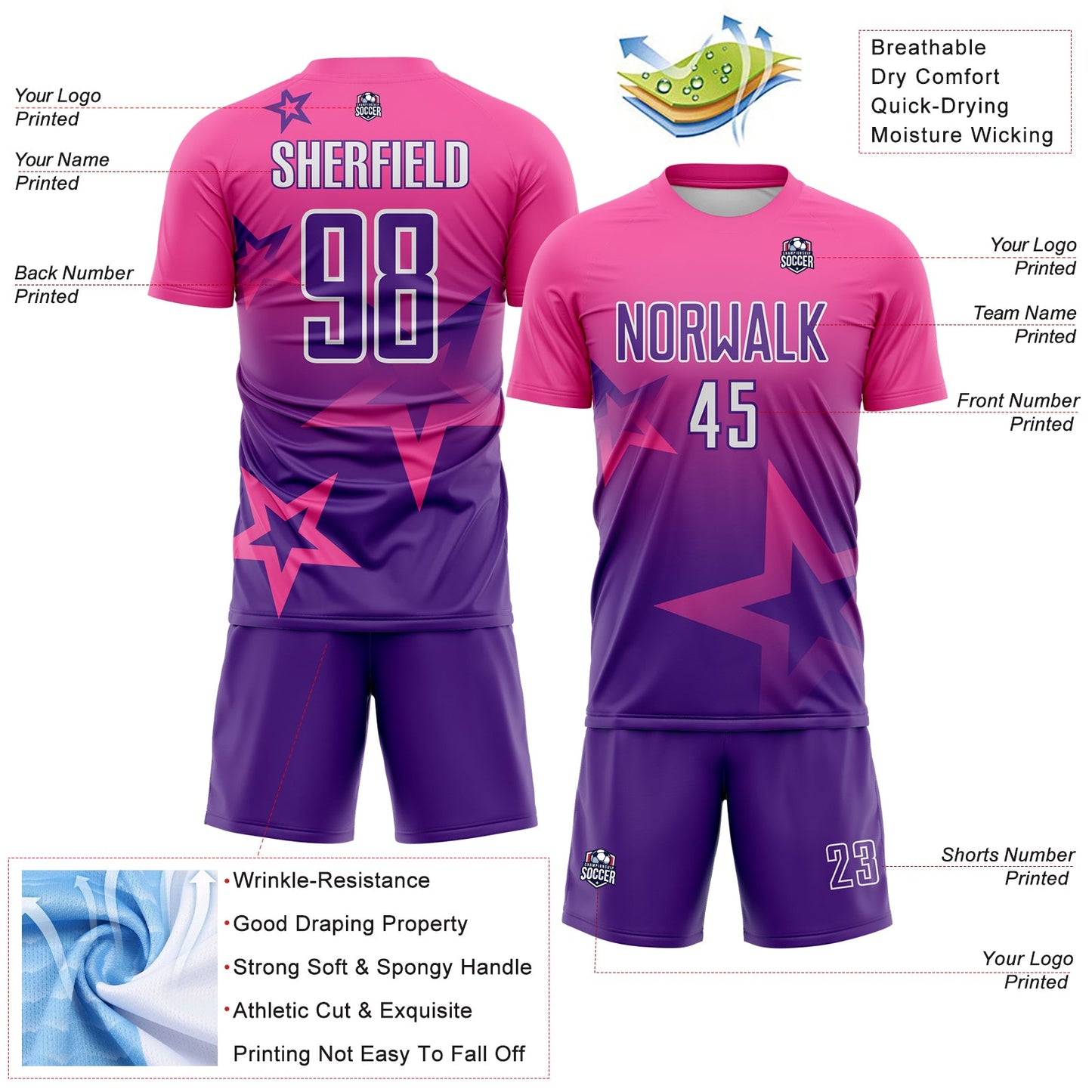 Custom Pink Purple-White Gradient Style Twinkle Star Sublimation Soccer Uniform Jersey view 4