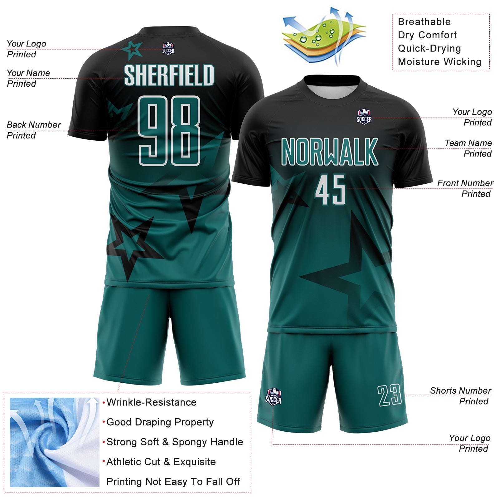 Custom Black Teal-White Gradient Style Twinkle Star Sublimation Soccer Uniform Jersey view 4