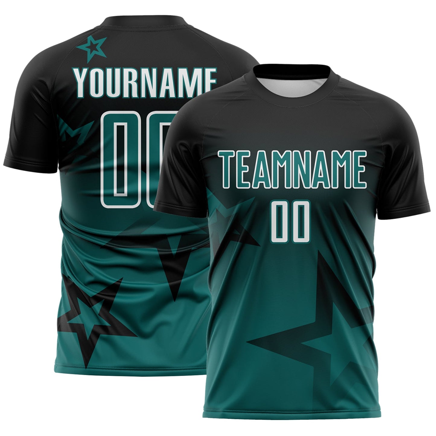 Custom Black Teal-White Gradient Style Twinkle Star Sublimation Soccer Uniform Jersey - Main View
