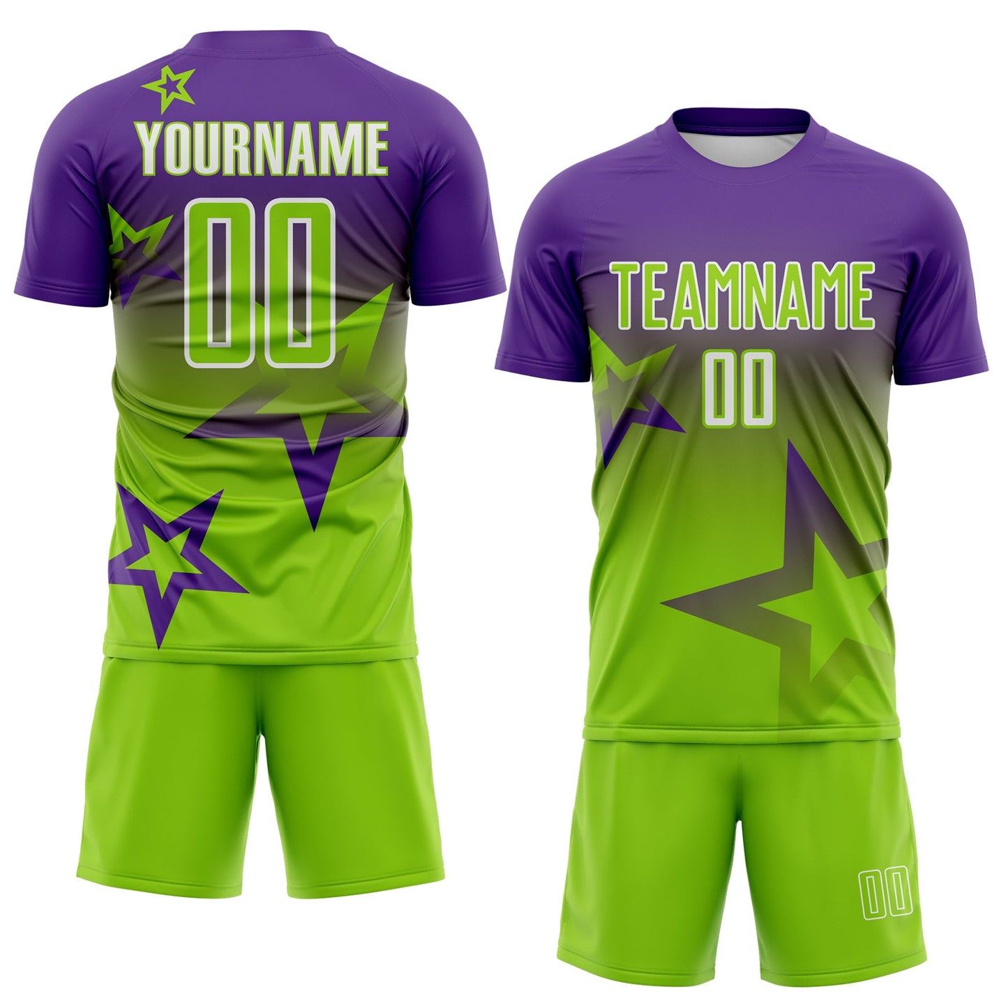 Custom Purple Neon Green-White Gradient Style Twinkle Star Sublimation Soccer Uniform Jersey view 2