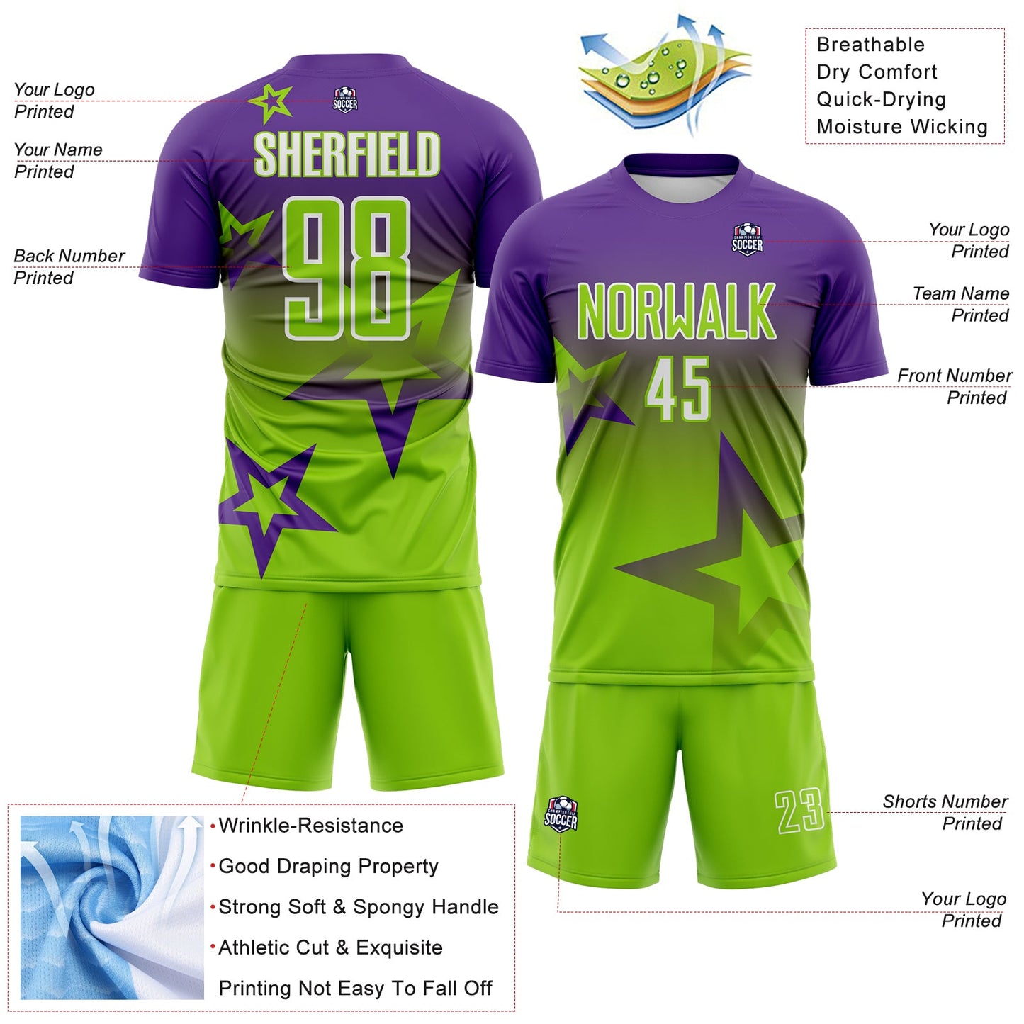Custom Purple Neon Green-White Gradient Style Twinkle Star Sublimation Soccer Uniform Jersey view 4