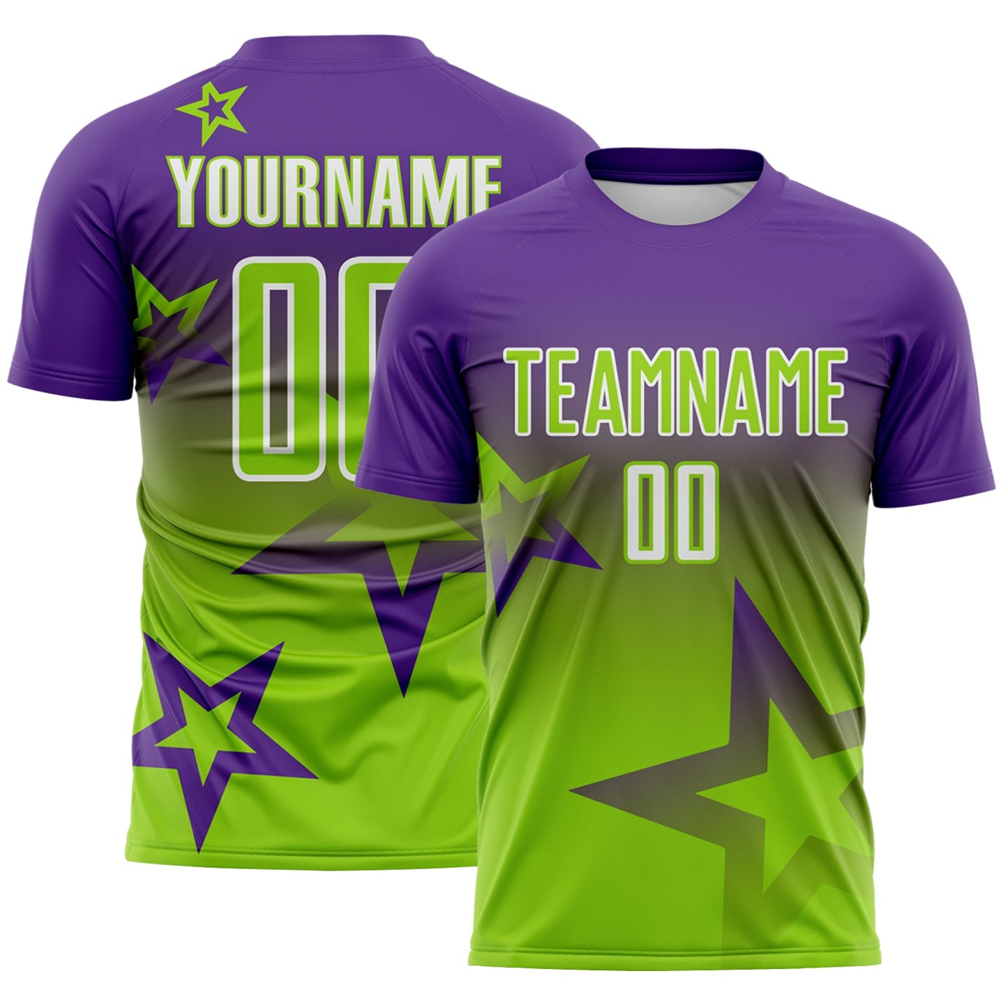 Custom Purple Neon Green-White Gradient Style Twinkle Star Sublimation Soccer Uniform Jersey - Main View