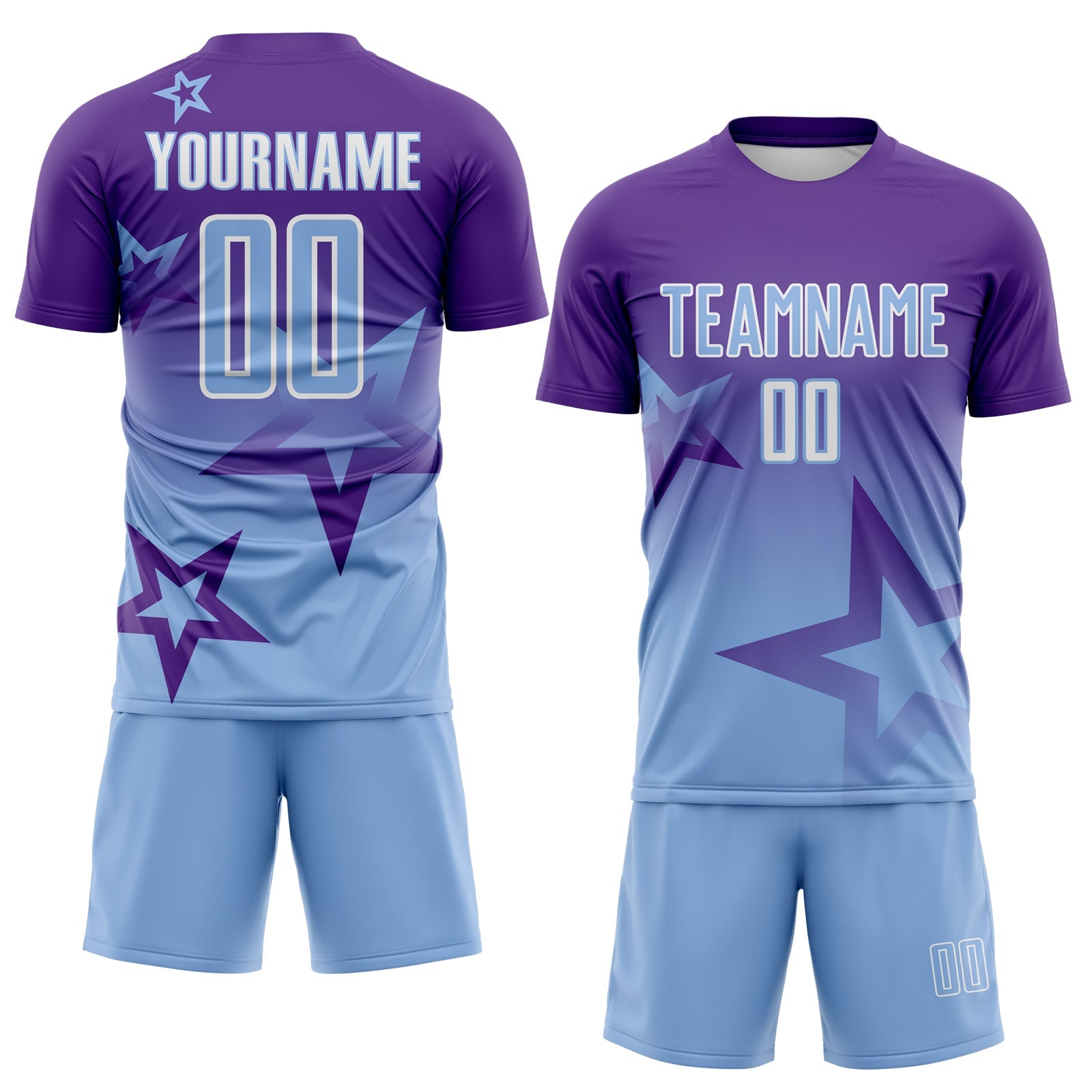 Custom Purple Light Blue-White Gradient Style Twinkle Star Sublimation Soccer Uniform Jersey view 2