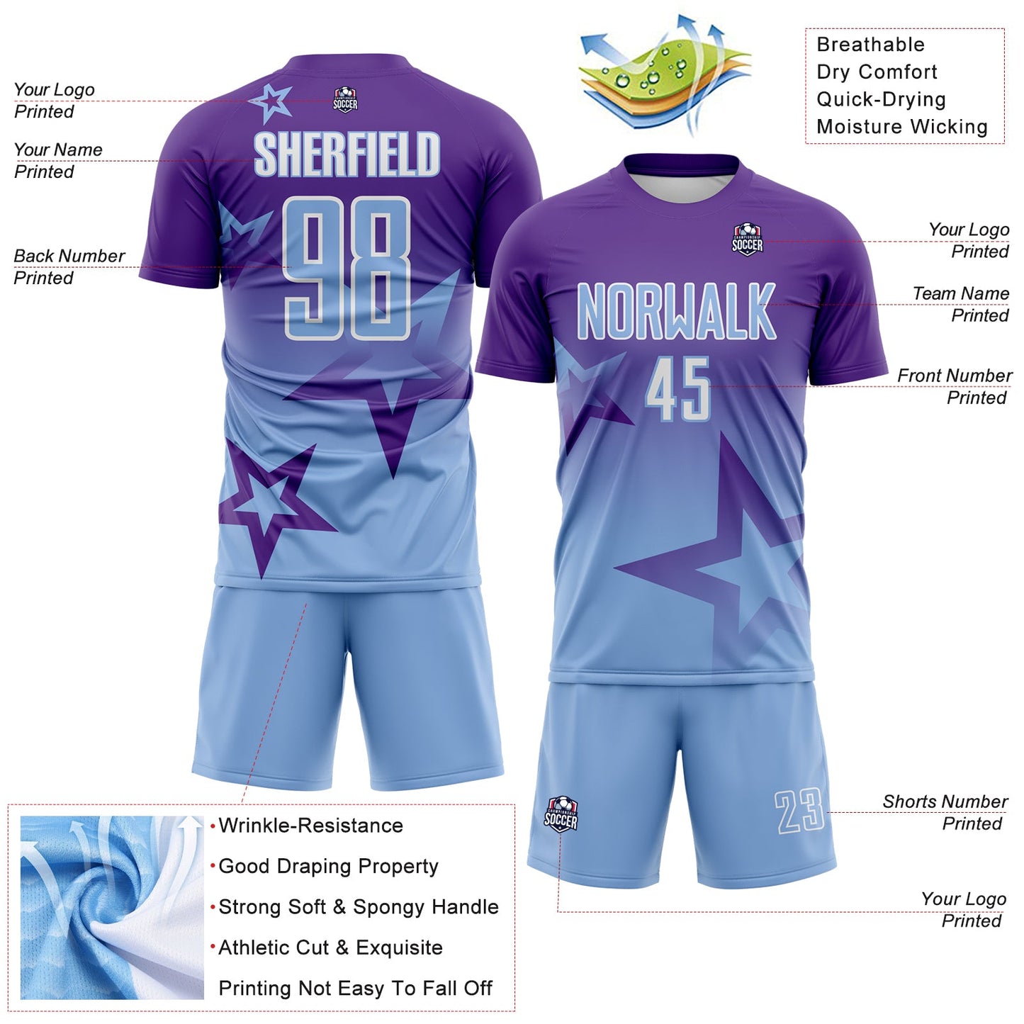 Custom Purple Light Blue-White Gradient Style Twinkle Star Sublimation Soccer Uniform Jersey view 4