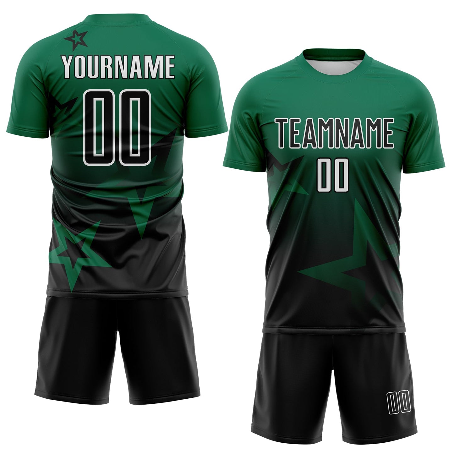 Custom Kelly Green Black-White Gradient Style Twinkle Star Sublimation Soccer Uniform Jersey view 2