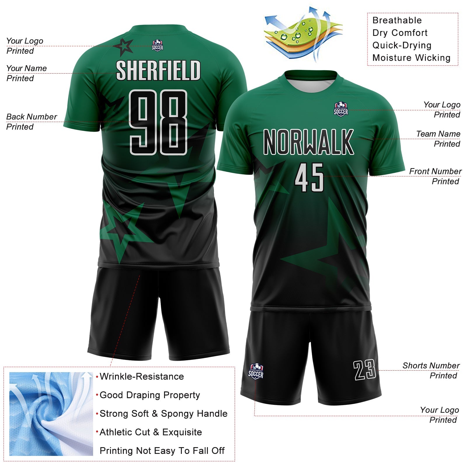 Custom Kelly Green Black-White Gradient Style Twinkle Star Sublimation Soccer Uniform Jersey view 4