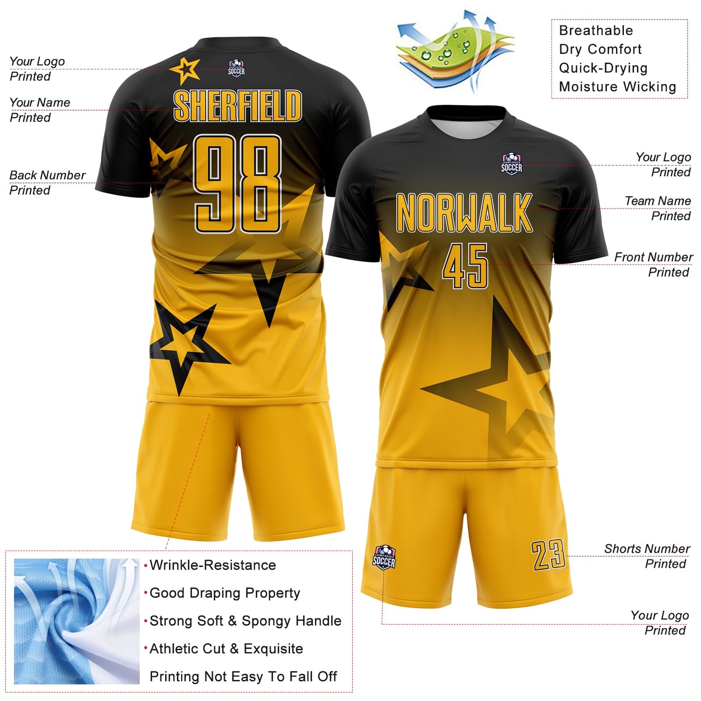 Custom Black Gold-White Gradient Style Twinkle Star Sublimation Soccer Uniform Jersey view 4
