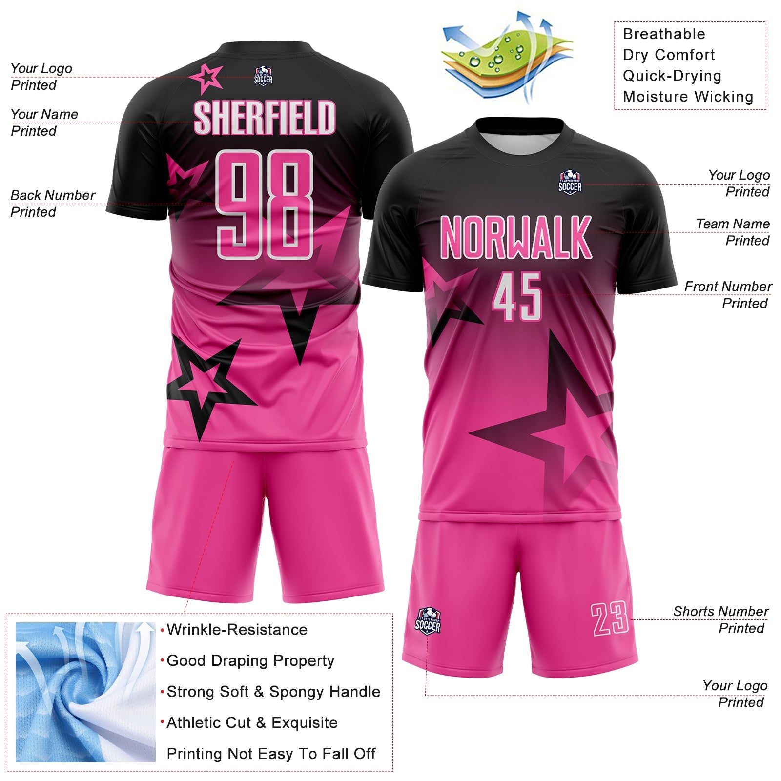 Custom Black Pink-White Gradient Style Twinkle Star Sublimation Soccer Uniform Jersey view 4