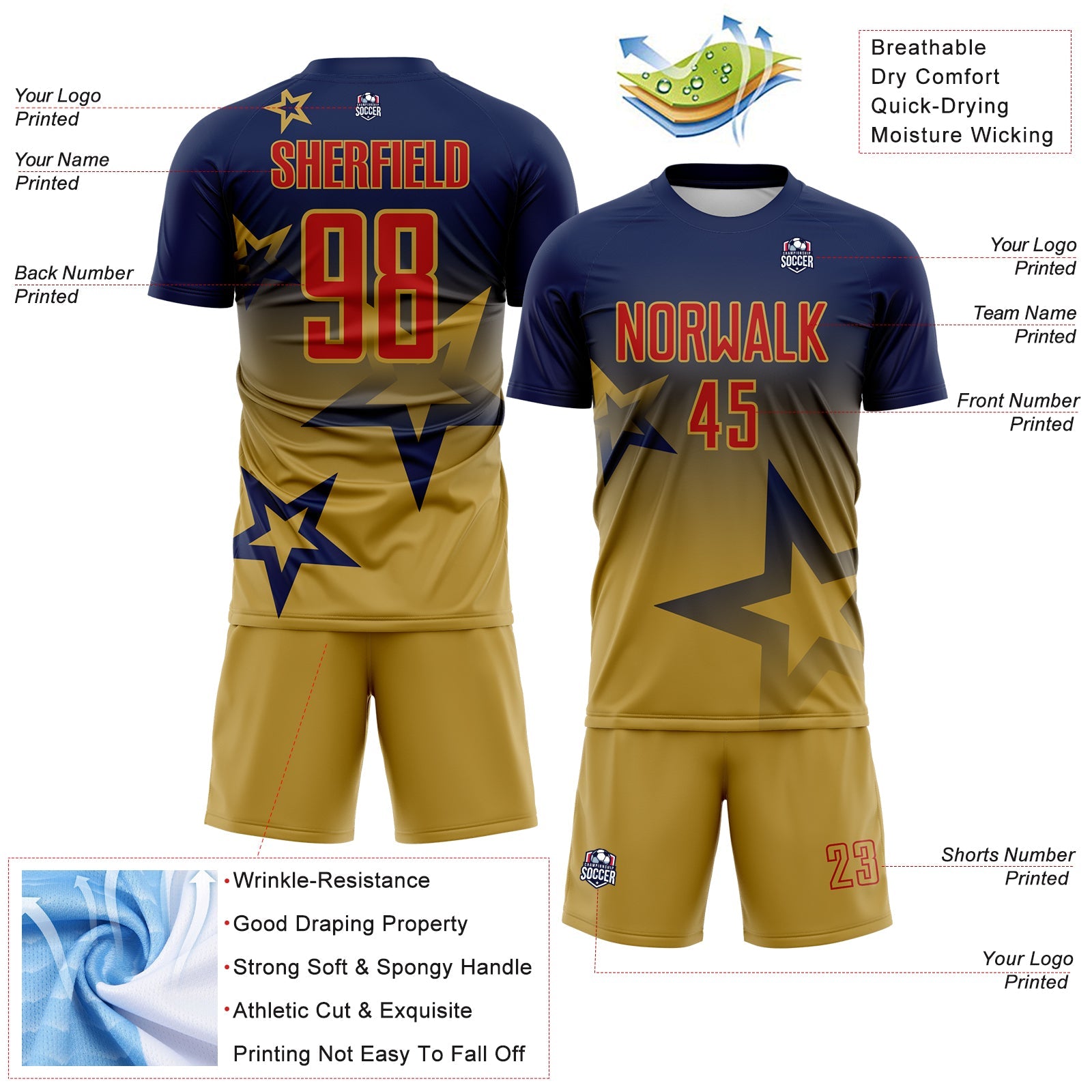 Custom Navy Red-Old Gold Gradient Style Twinkle Star Sublimation Soccer Uniform Jersey view 4