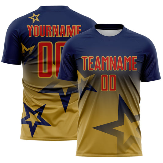 Custom Navy Red-Old Gold Gradient Style Twinkle Star Sublimation Soccer Uniform Jersey - Main View