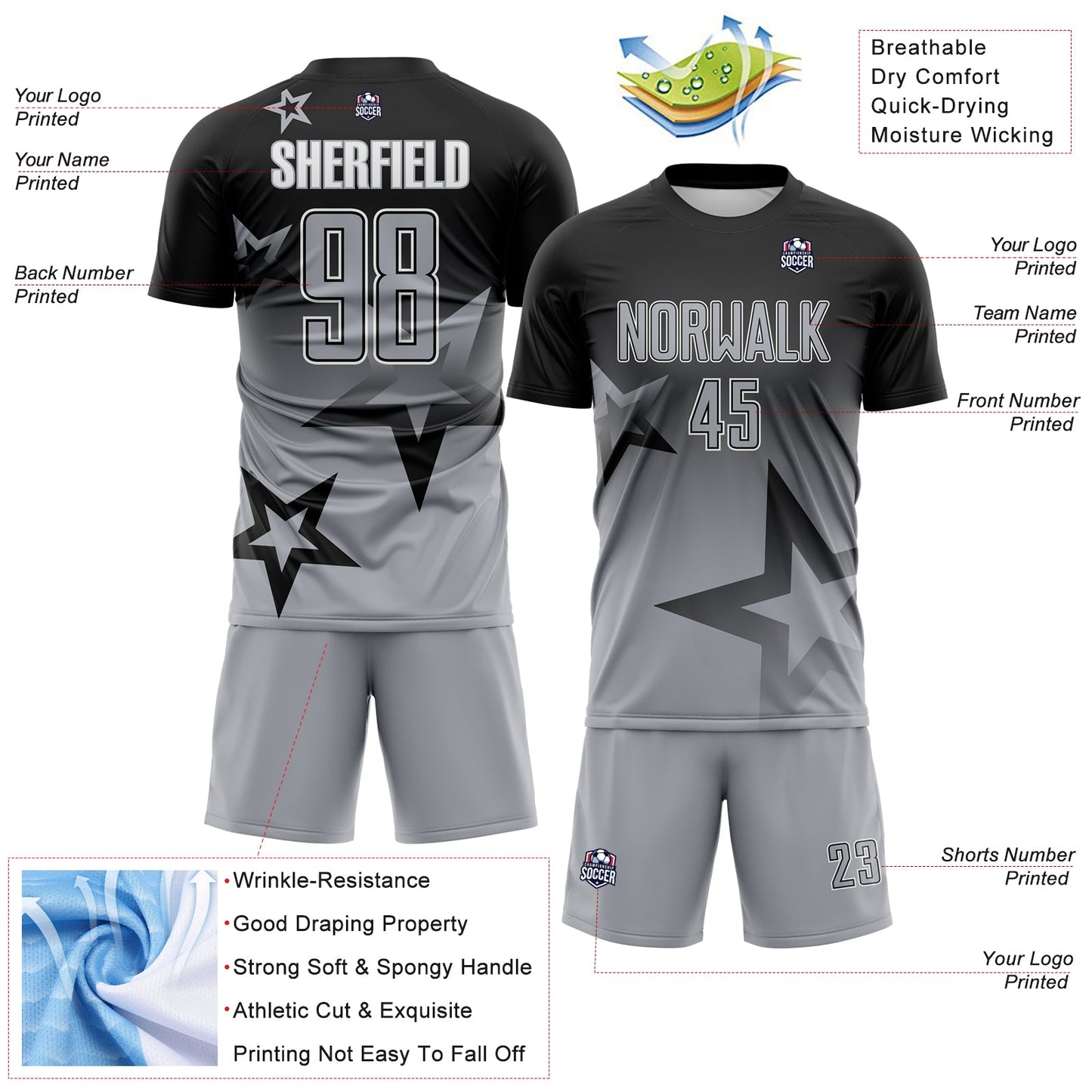 Custom Black Gray-White Gradient Style Twinkle Star Sublimation Soccer Uniform Jersey view 4