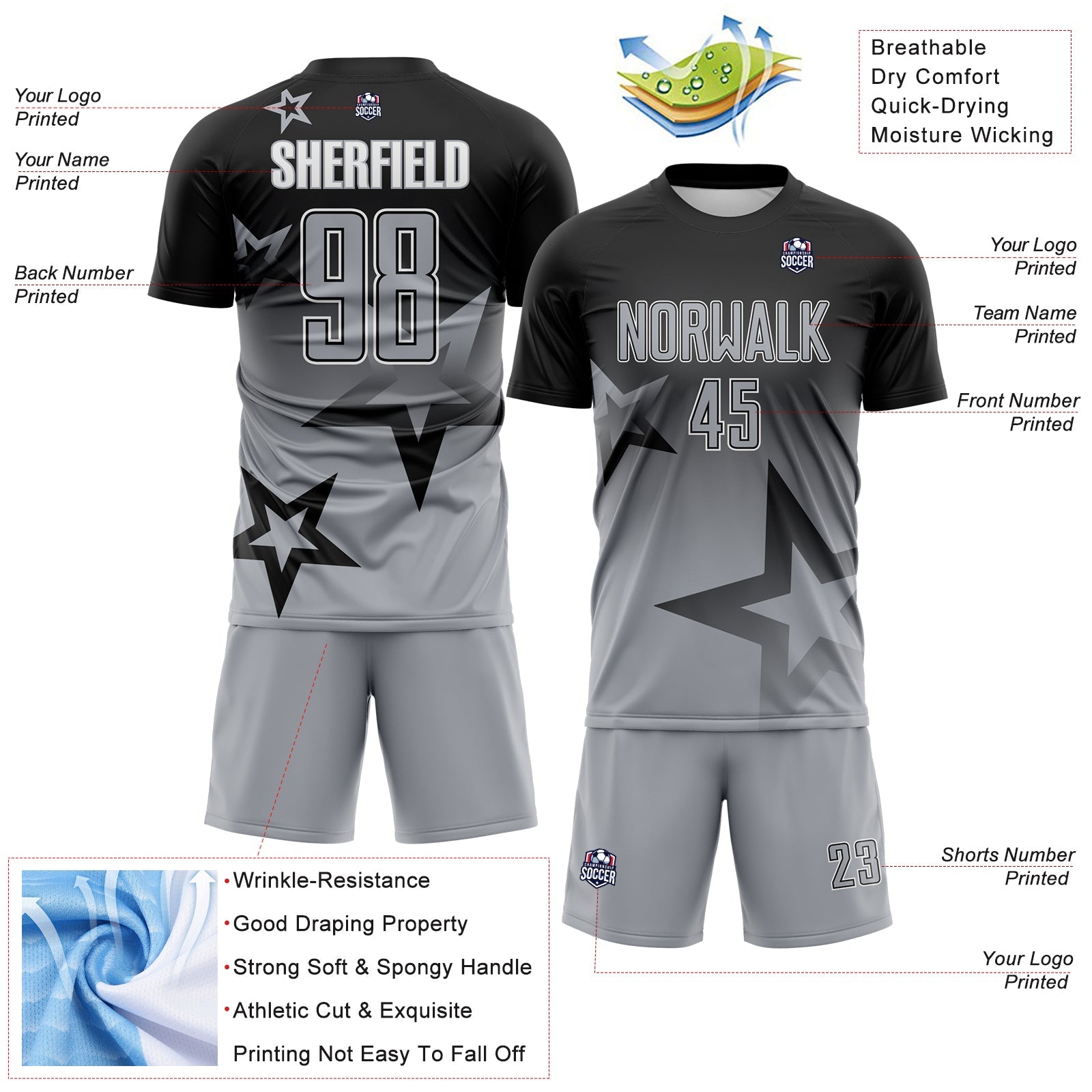 Custom Black Gray-White Gradient Style Twinkle Star Sublimation Soccer Uniform Jersey view 4