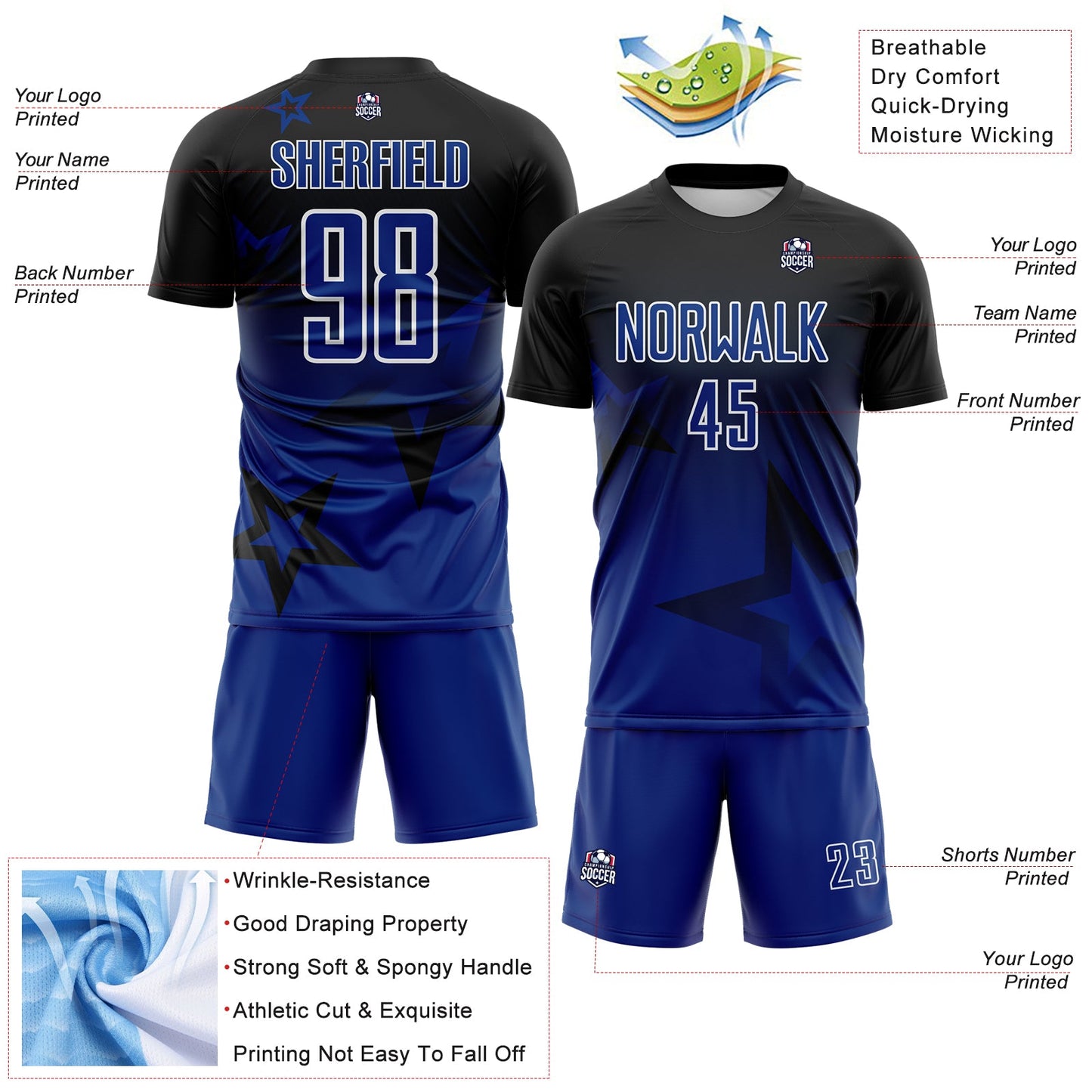Custom Black Royal-White Gradient Style Twinkle Star Sublimation Soccer Uniform Jersey view 4