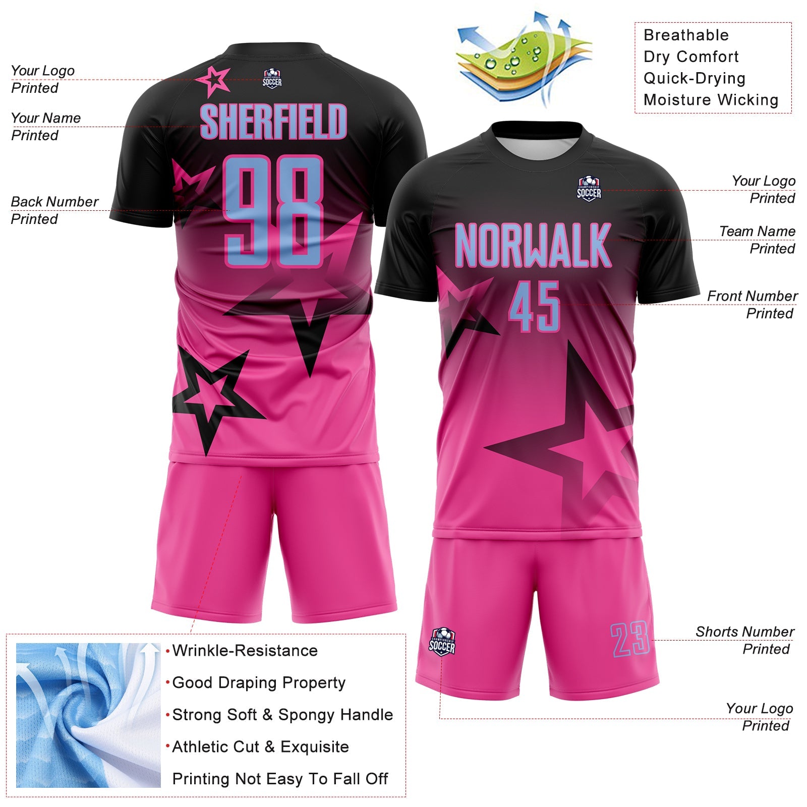 Custom Black Light Blue-Pink Gradient Style Twinkle Star Sublimation Soccer Uniform Jersey view 4