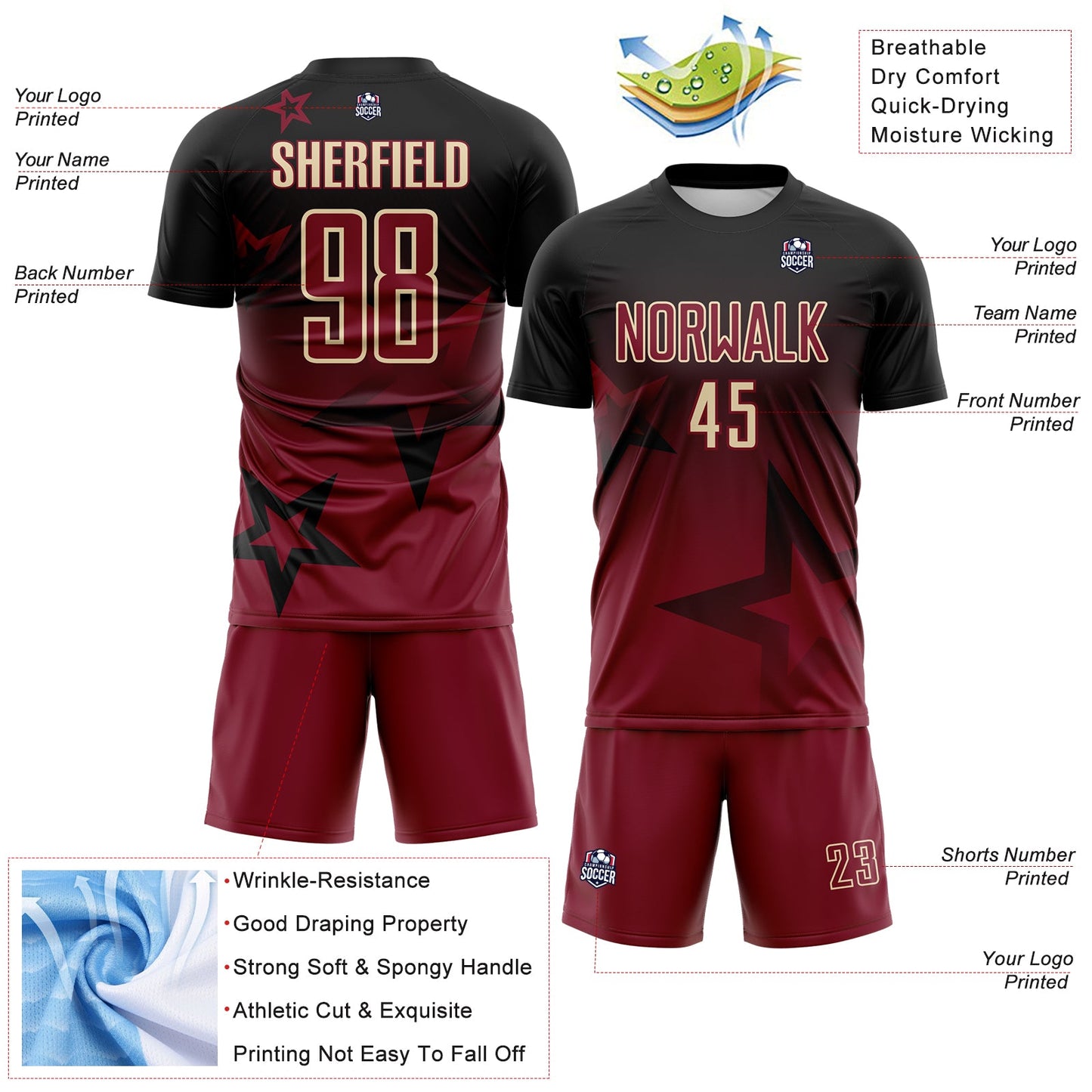 Custom Black Crimson-Cream Gradient Style Twinkle Star Sublimation Soccer Uniform Jersey view 4