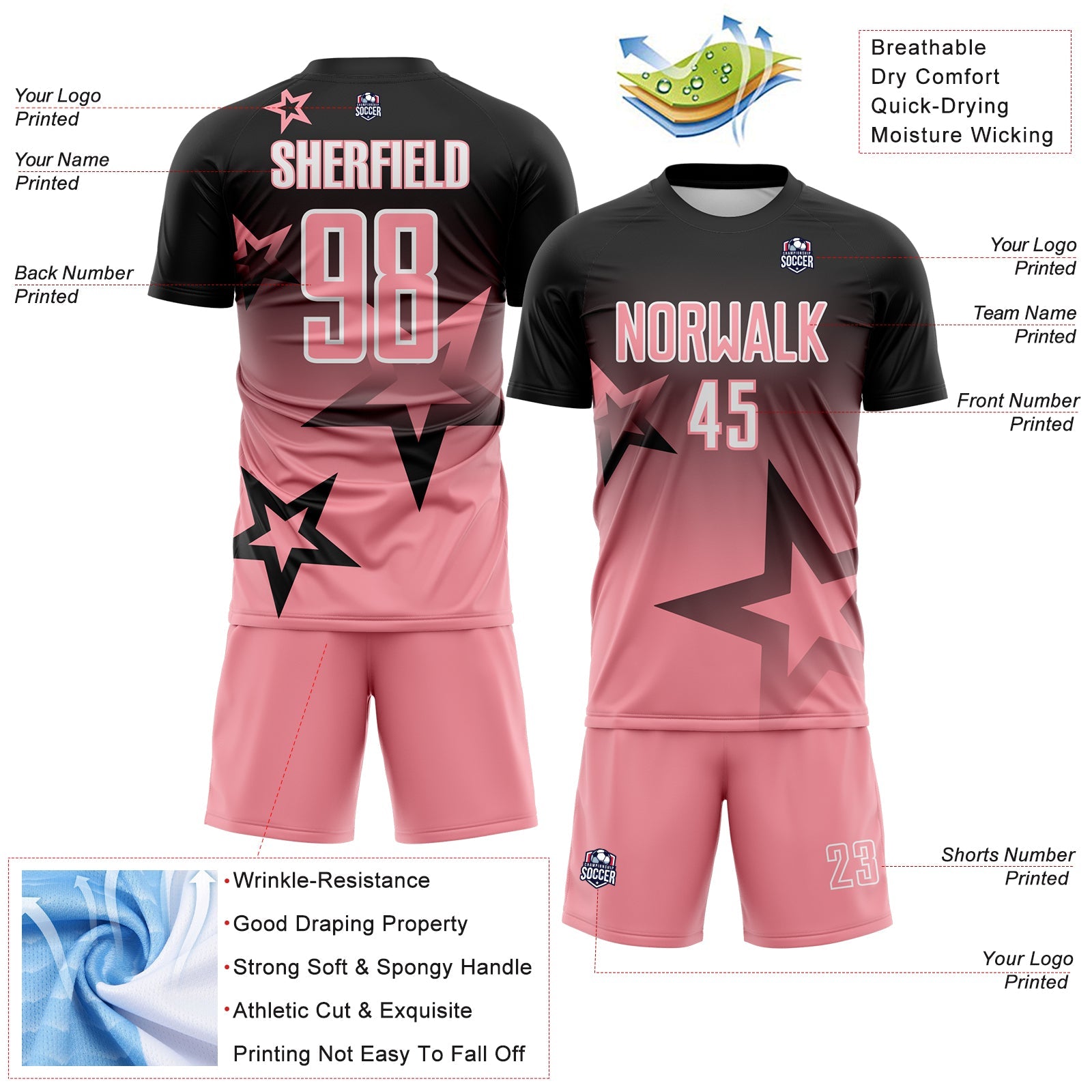 Custom Black Medium Pink-White Gradient Style Twinkle Star Sublimation Soccer Uniform Jersey view 4