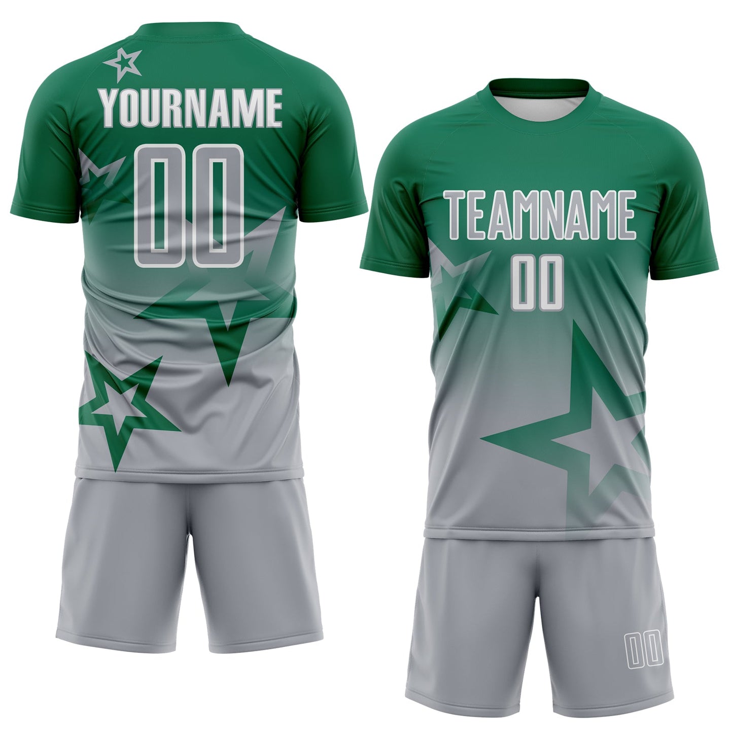 Custom Kelly Green Gray-White Gradient Style Twinkle Star Sublimation Soccer Uniform Jersey view 2