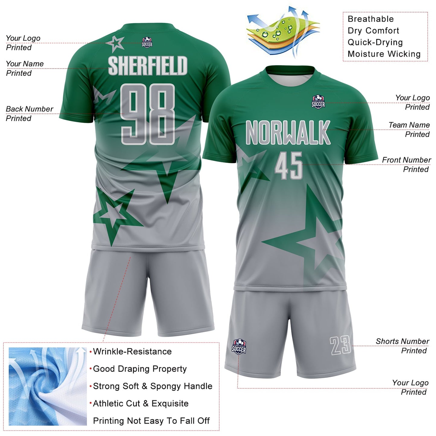 Custom Kelly Green Gray-White Gradient Style Twinkle Star Sublimation Soccer Uniform Jersey view 4