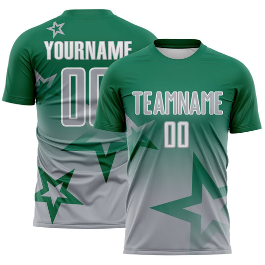 Custom Kelly Green Gray-White Gradient Style Twinkle Star Sublimation Soccer Uniform Jersey - Main View