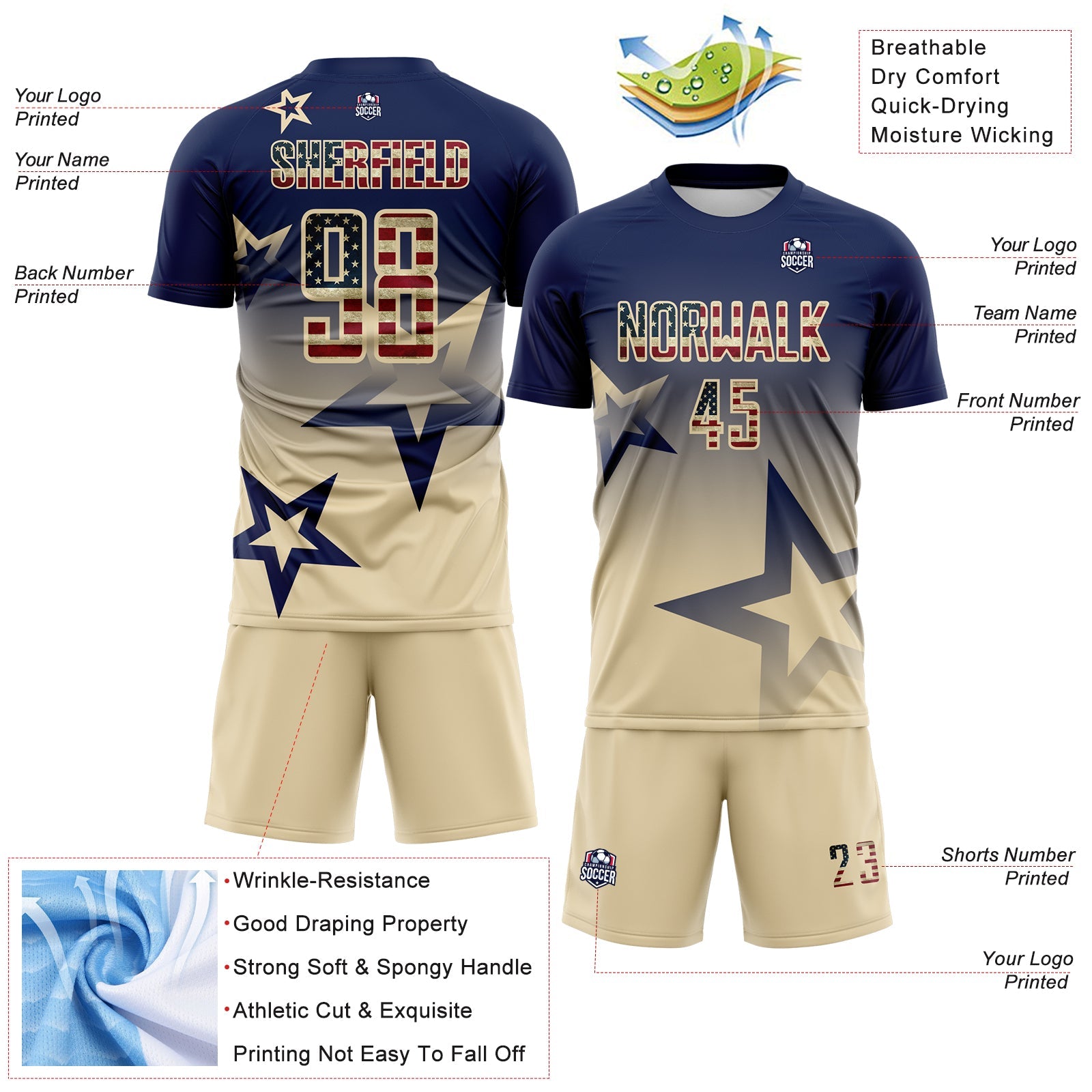 Custom Navy Vintage USA Flag-Cream Gradient Style Twinkle Star Sublimation Soccer Uniform Jersey view 4