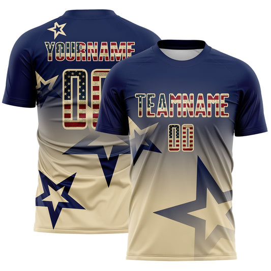 Custom Navy Vintage USA Flag-Cream Gradient Style Twinkle Star Sublimation Soccer Uniform Jersey - Main View