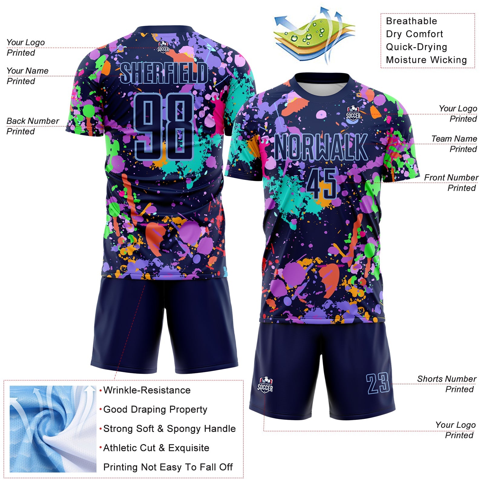 Custom Graffiti Pattern Navy-Light Blue Paint Splatter Sublimation Soccer Uniform Jersey view 4