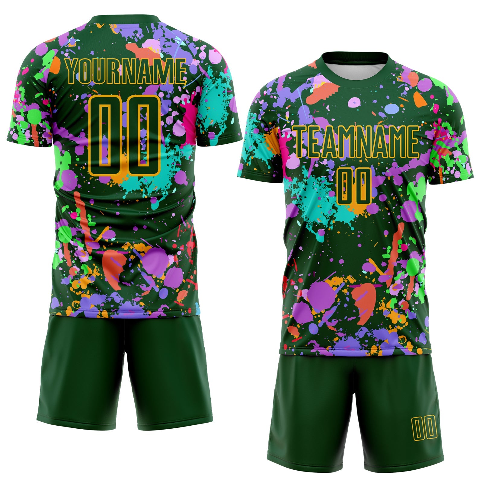 Custom Graffiti Pattern Green-Gold Paint Splatter Sublimation Soccer Uniform Jersey view 2
