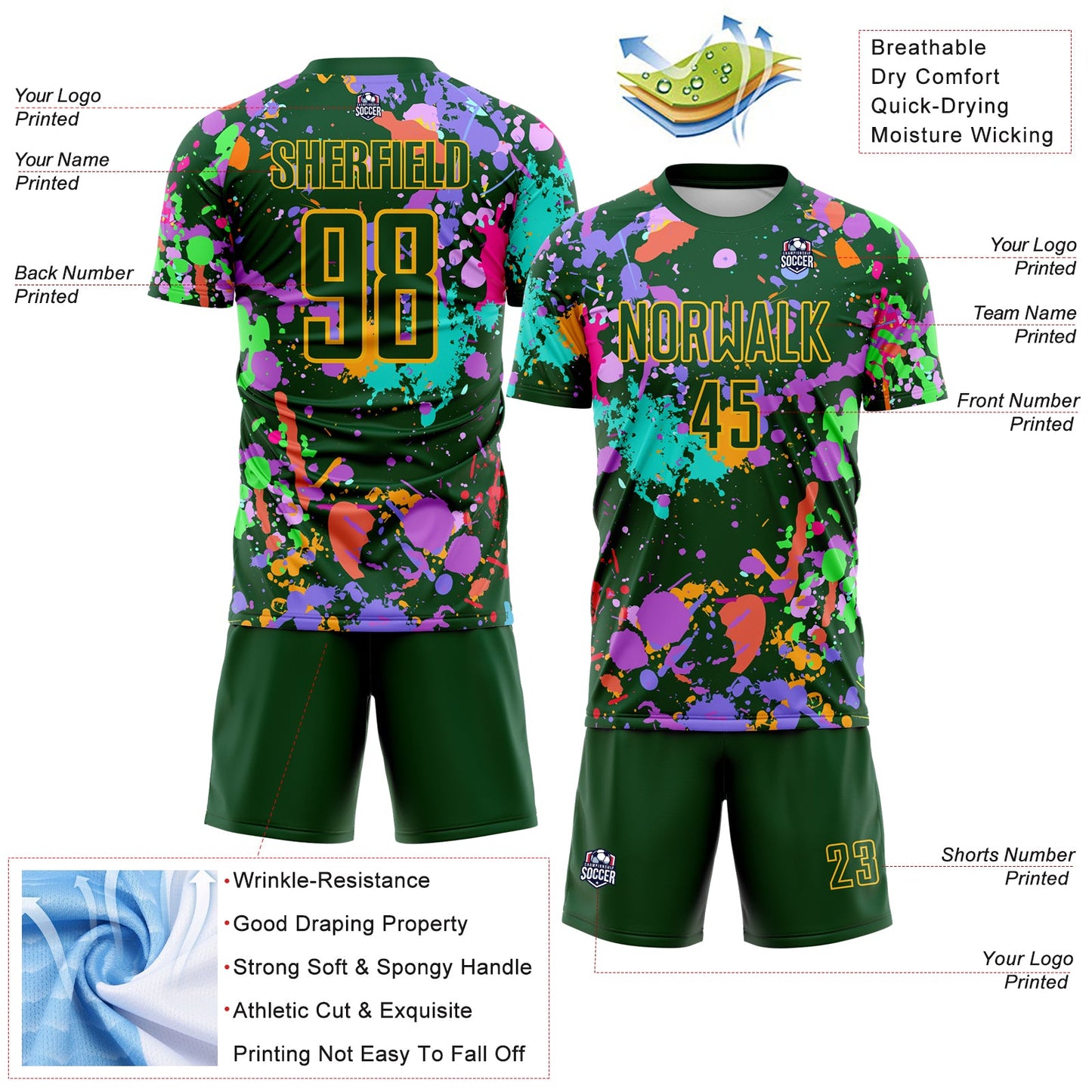 Custom Graffiti Pattern Green-Gold Paint Splatter Sublimation Soccer Uniform Jersey view 4