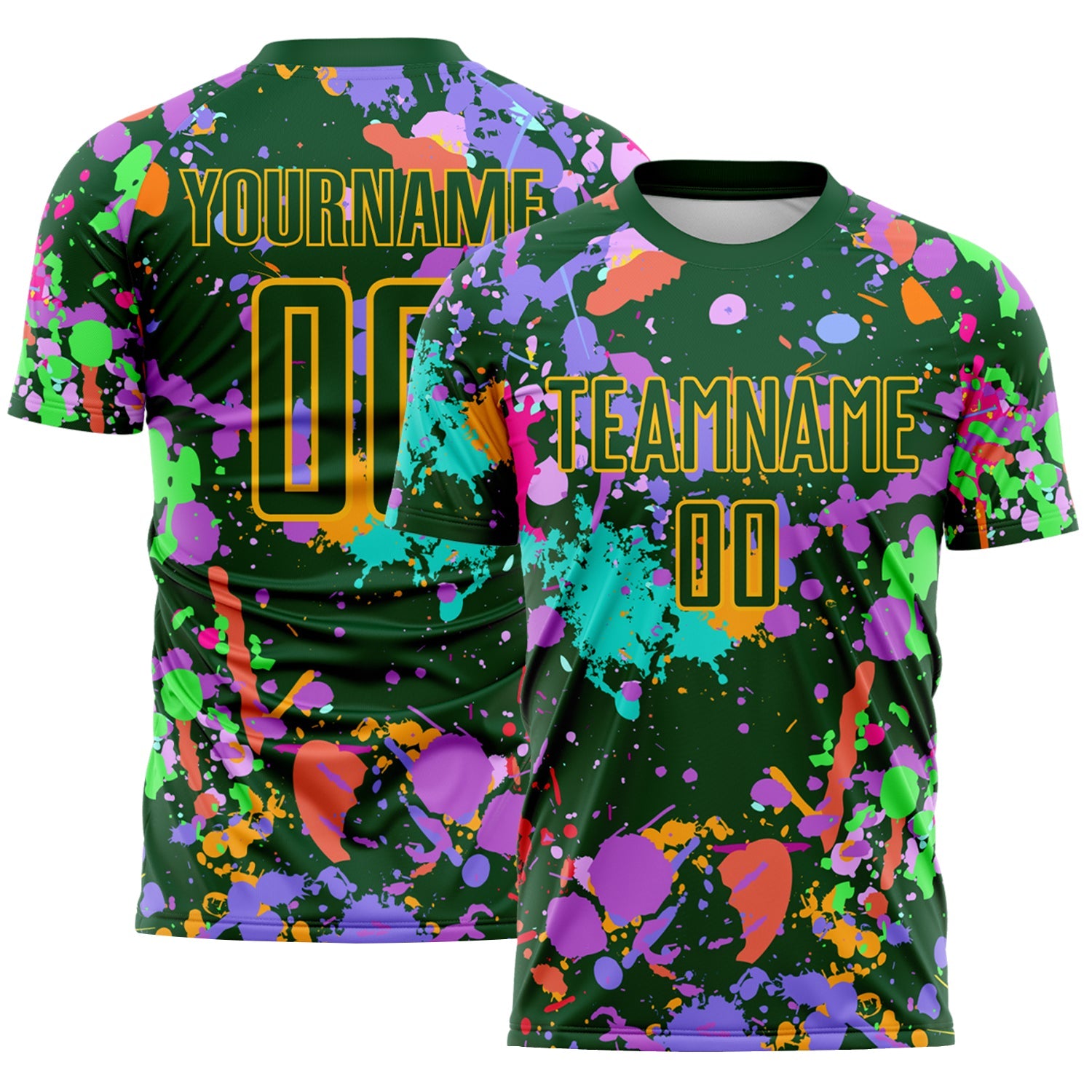 Custom Graffiti Pattern Green-Gold Paint Splatter Sublimation Soccer Uniform Jersey - Main View