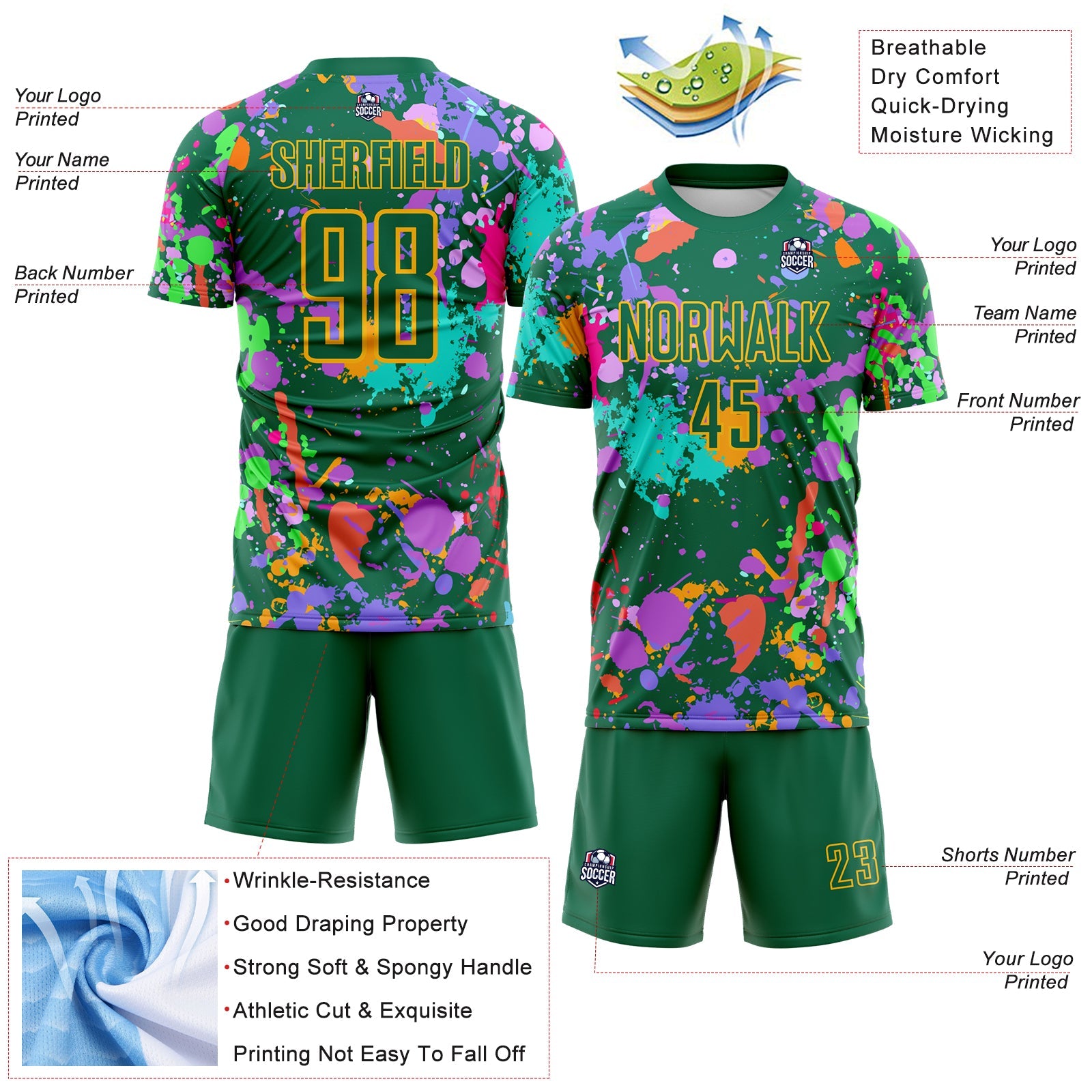 Custom Graffiti Pattern Kelly Green-Gold Paint Splatter Sublimation Soccer Uniform Jersey view 4