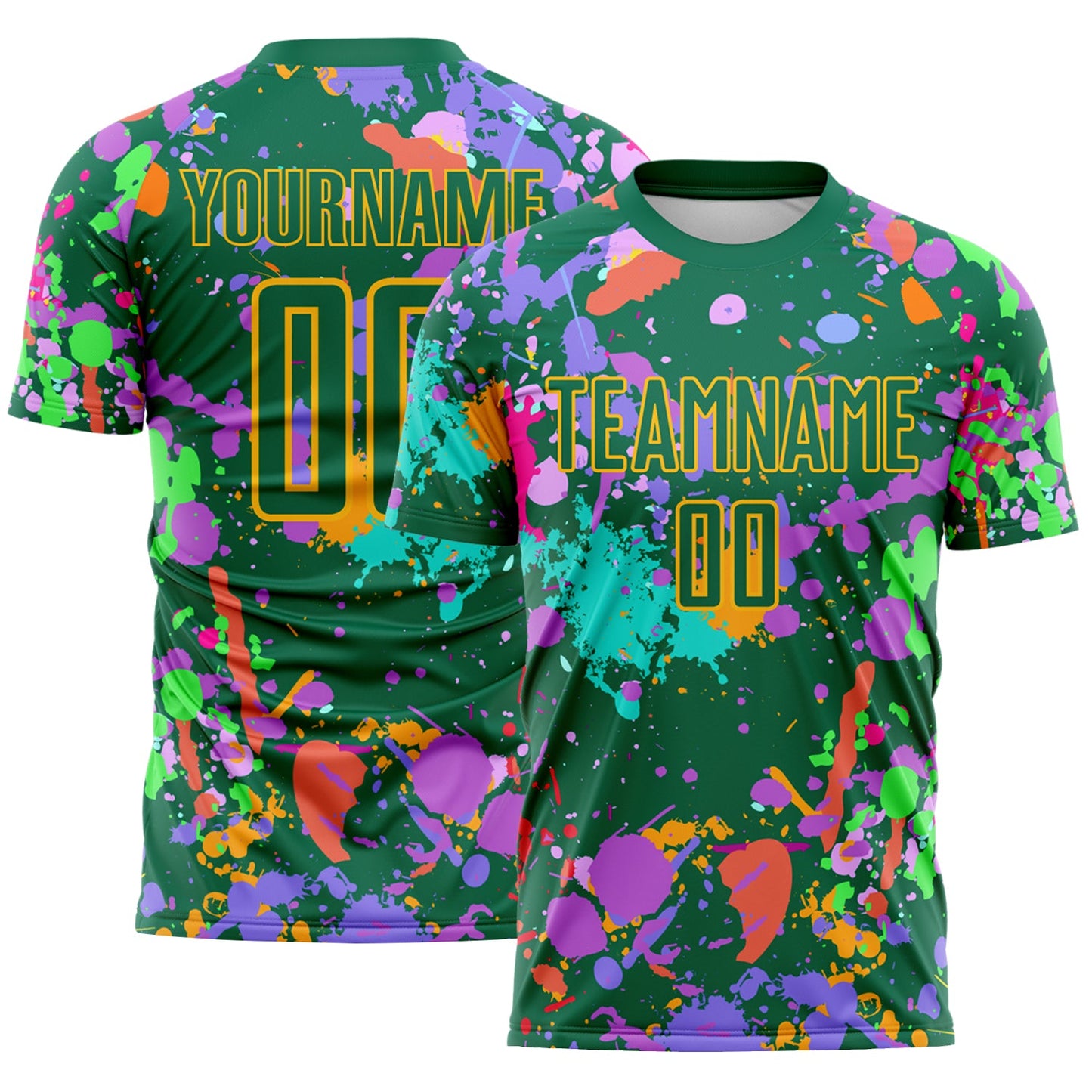 Custom Graffiti Pattern Kelly Green-Gold Paint Splatter Sublimation Soccer Uniform Jersey - Main View