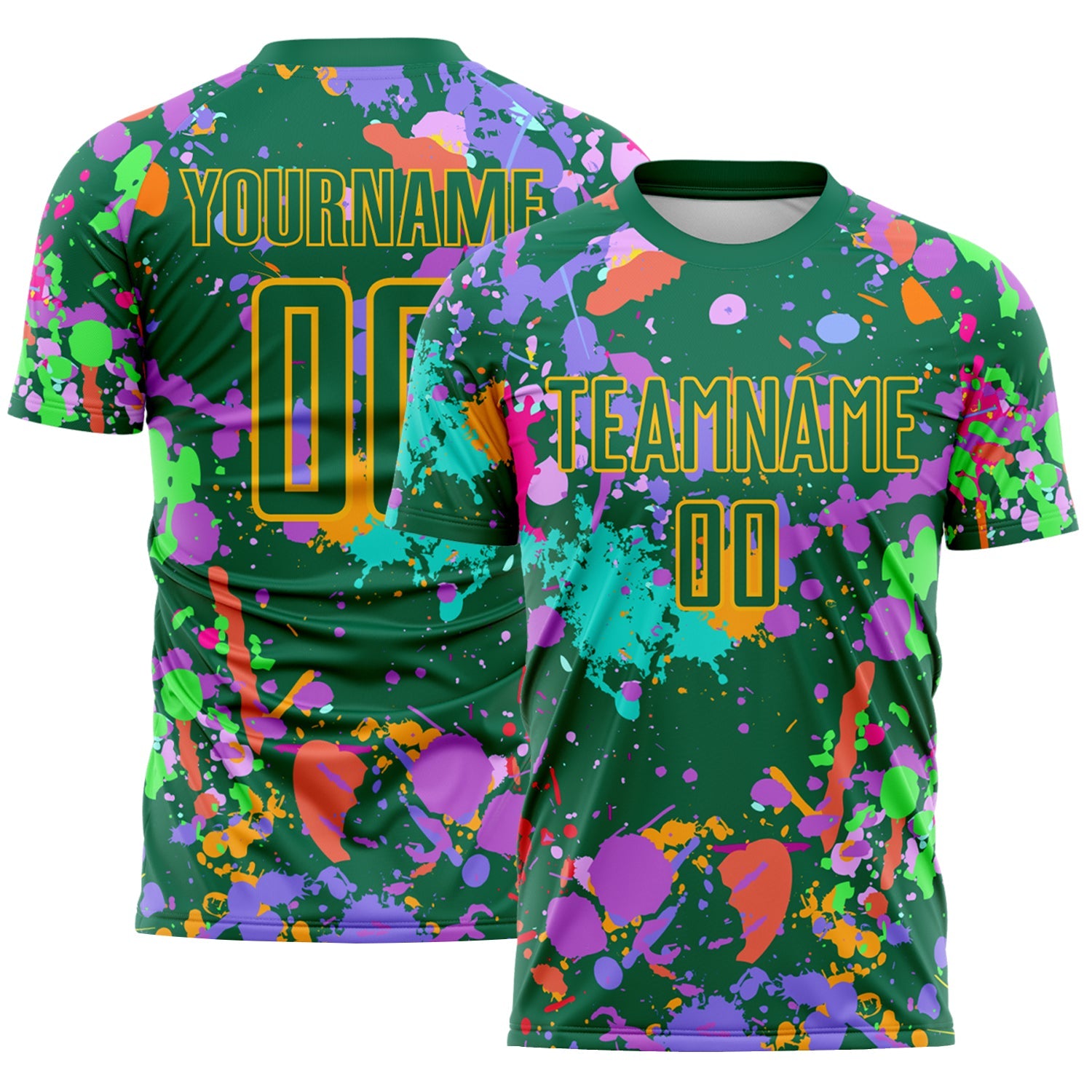 Custom Graffiti Pattern Kelly Green-Gold Paint Splatter Sublimation Soccer Uniform Jersey - Main View