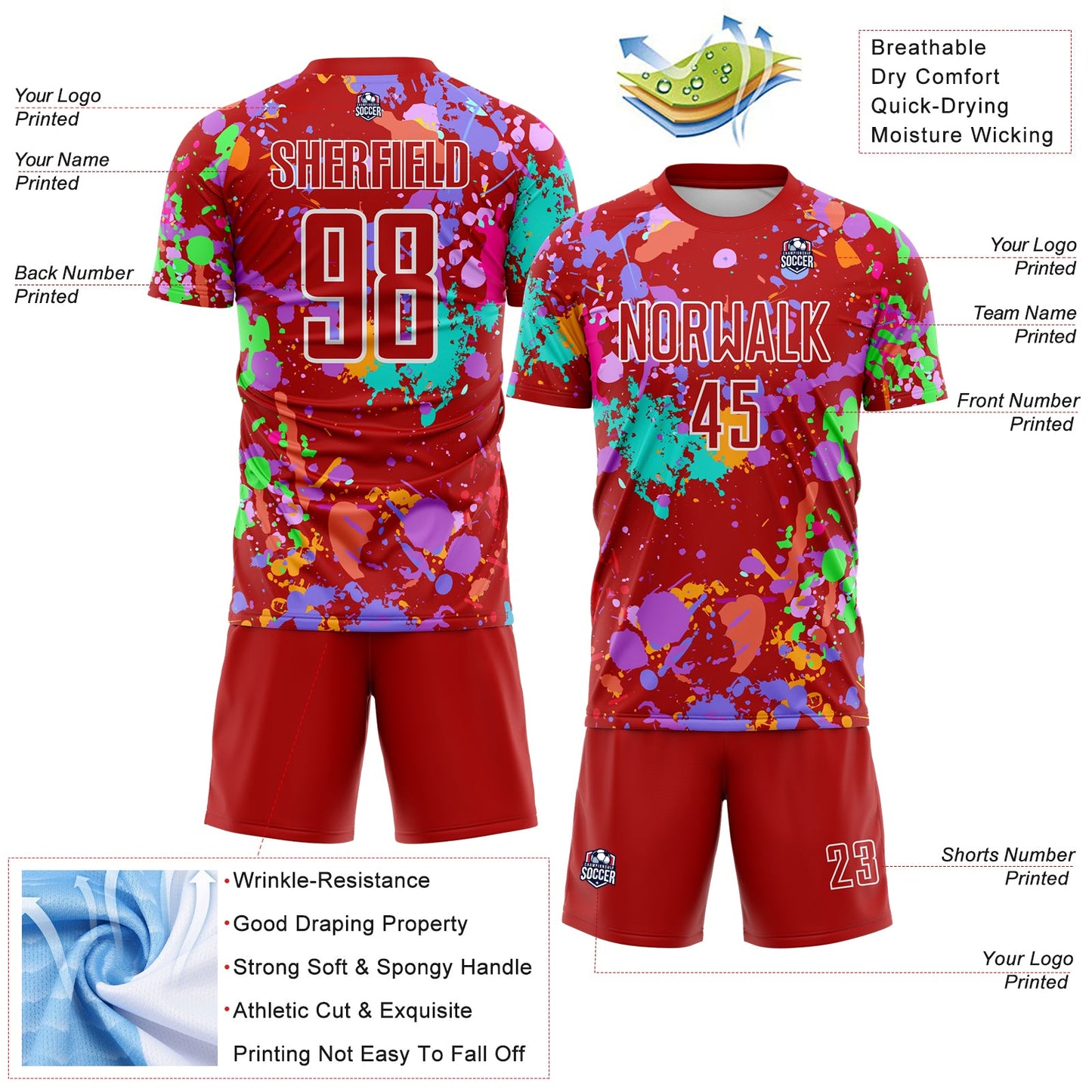 Custom Graffiti Pattern Red-White Paint Splatter Sublimation Soccer Uniform Jersey view 4
