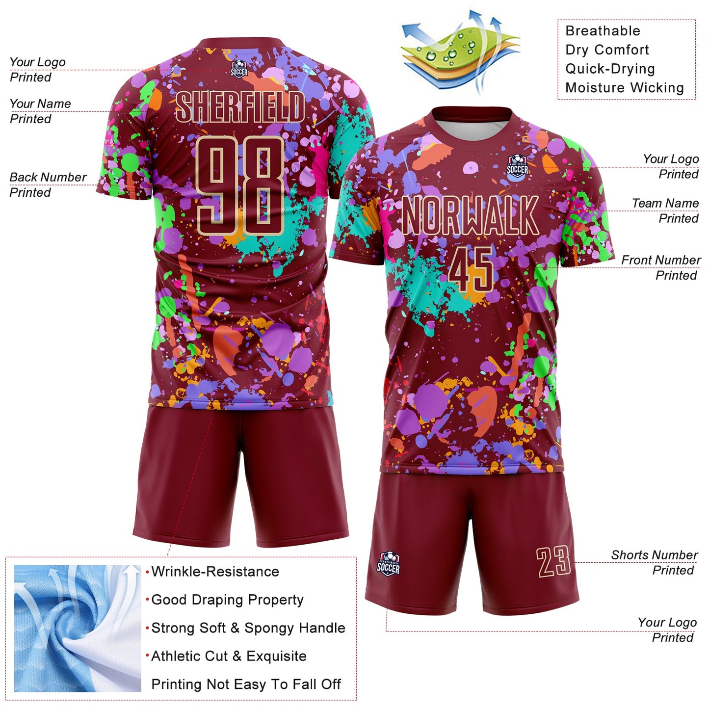 Custom Graffiti Pattern Crimson-Cream Paint Splatter Sublimation Soccer Uniform Jersey view 4