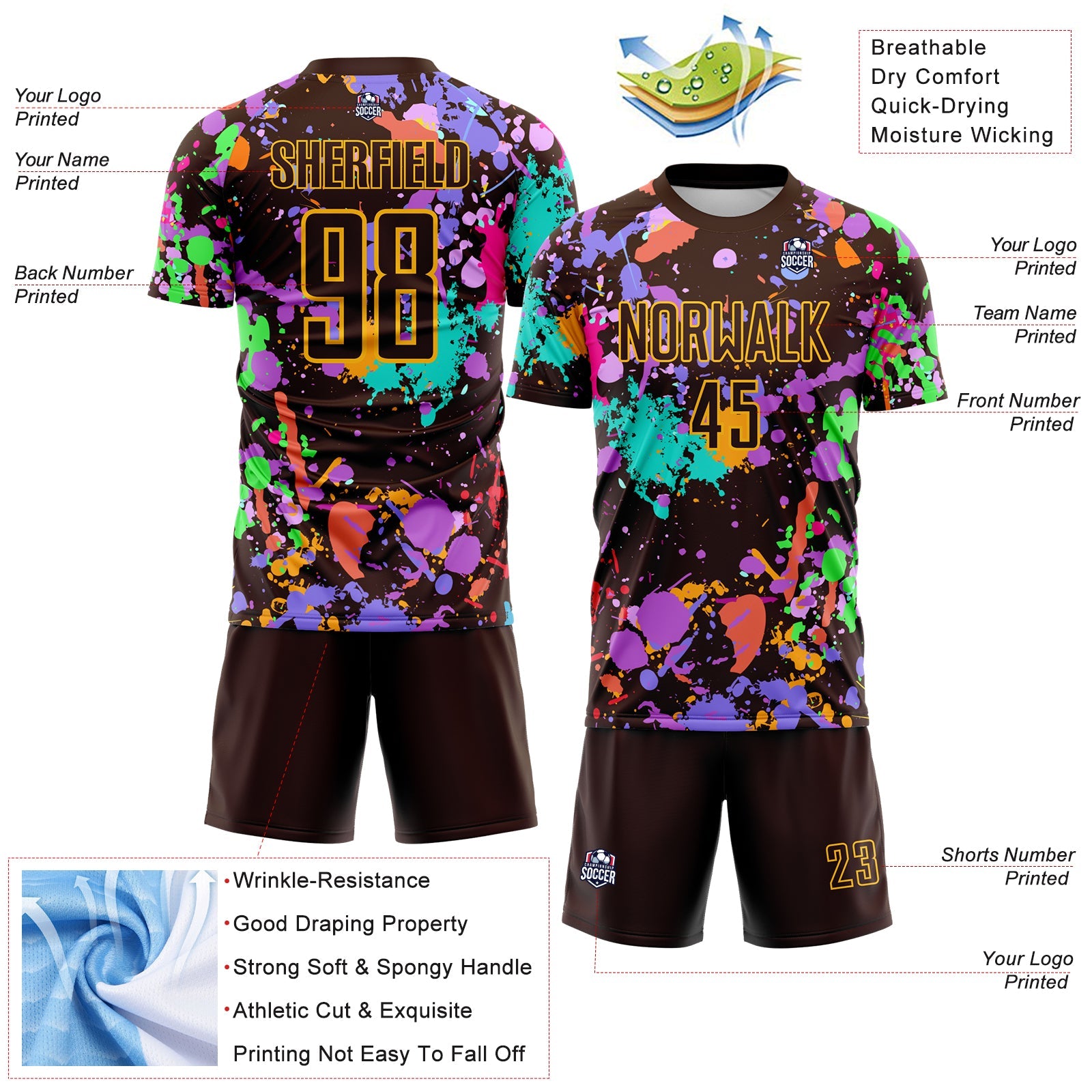 Custom Graffiti Pattern Brown-Gold Paint Splatter Sublimation Soccer Uniform Jersey view 4